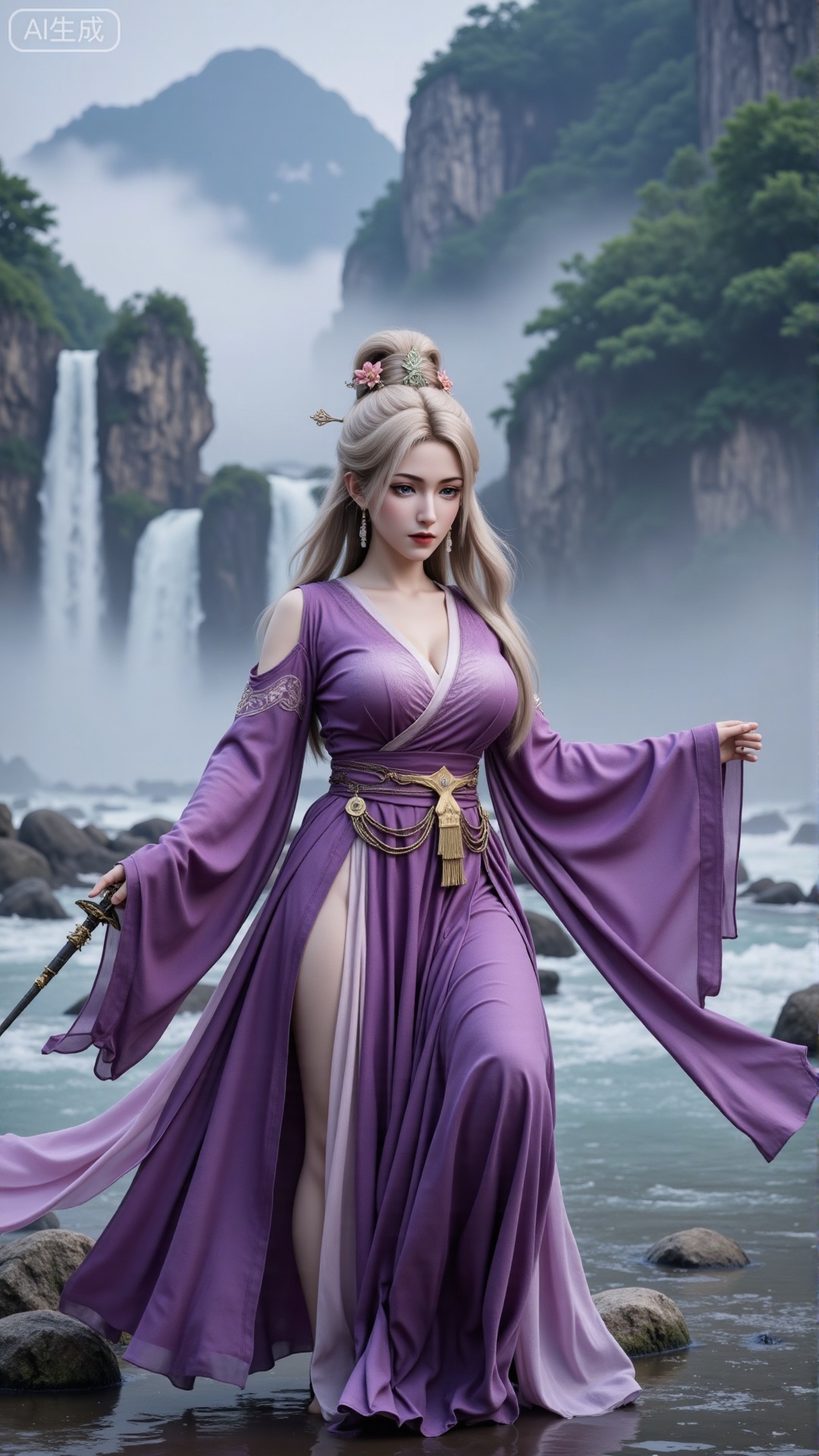 (masterpiece,best quality:1.23),Dominant sister-type girl, purple velvet ancient style long dress, perfect body, in a valley with a rushing waterfall, holding a long sword, sharp gaze, mist pervading, magnificent aura.(huge breasts, full breasts:2.99),,,Xbigbreasts,XbaifengsongyuYH,XzhouzimoH,XliancangH,XmupeilingHongyi,XyinyueX3