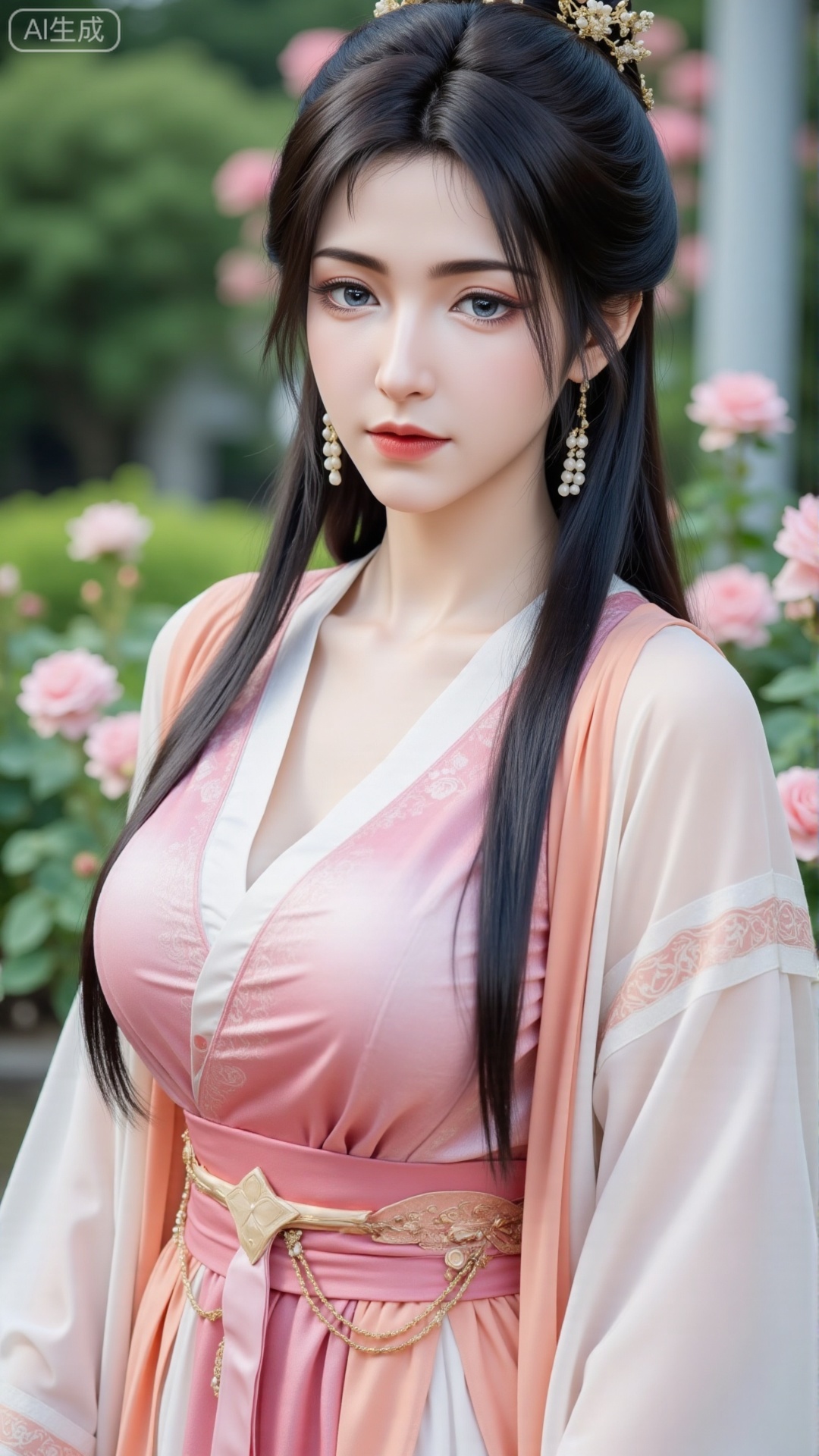 (masterpiece:1.2),best quality,,A woman adorned in traditional Chinese attire,(pink|white dress,black long hair),featuring a flowing robe with intricate embroidery and floral accents. A garden filled with pink roses and lush greenery. Soft pastel hues of white,blue,and green,creating a serene atmosphere. Photorealistic photography.,(huge breasts:2.99),(full breasts:2.99),,,,Xbigbreasts,XbaifengsongyuYH,XzhouzimoH,XliancangH,XmupeilingHongyi,XyinyueX3