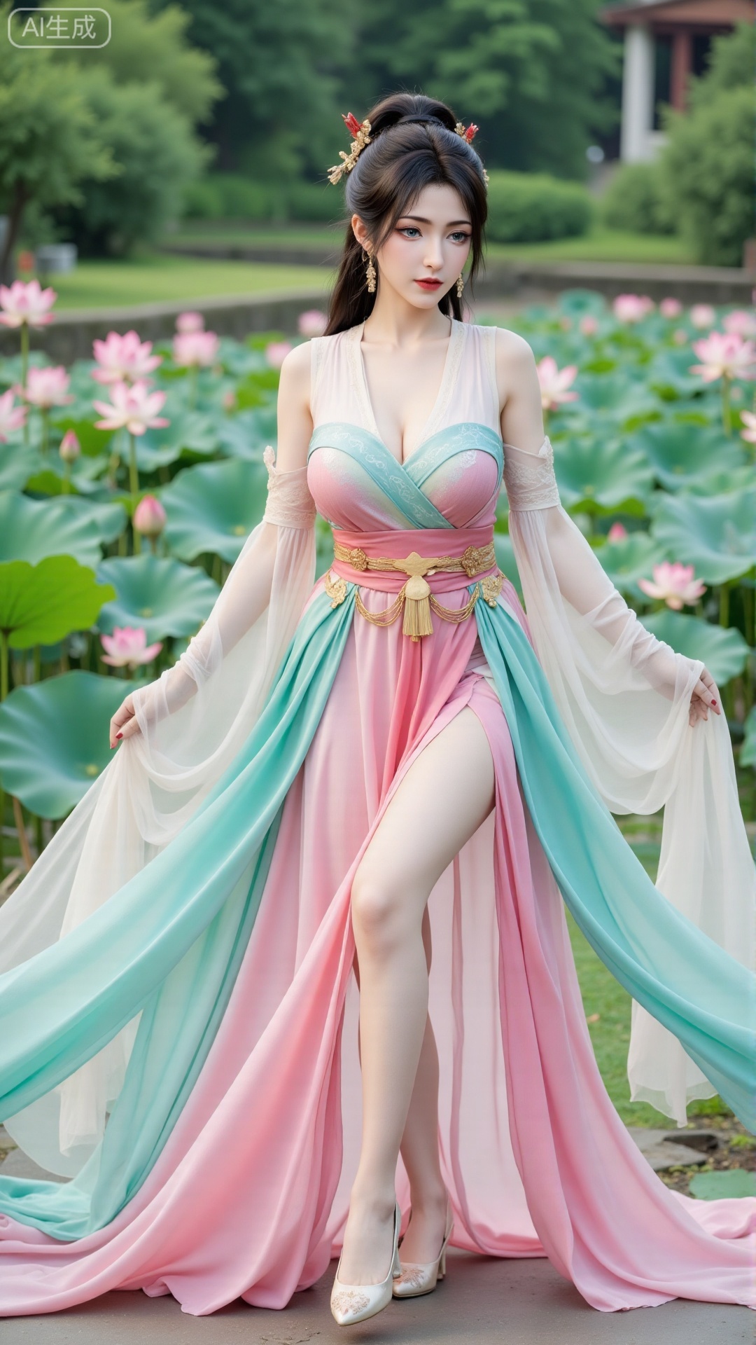 (masterpiece, best quality:1.2),1girl, navel, solo, midriff, bare shoulders, hair ornament,(long hair),(High double ponytail:1.49), red lips, BREAK, (looking at viewer:1.39), chinese clothes,(Holographic Color long dress:1.36), (lace,Rainbow Gradient Color:1.28), BREAK,blurry, solo focus, long hair, lips, daytime, lipstick, outdoors, standing,upper body,(huge breasts:2.89), background, solo, makeup,(Stockings, high heels:1.29),(huge breasts:2.99),(full breasts:2.99),,(Background with lotus pond and pink lotus flowers:1.39),,,,Xbigbreasts,XbaifengsongyuYH,XzhouzimoH,XliancangH,XmupeilingHongyi,XyinyueX3