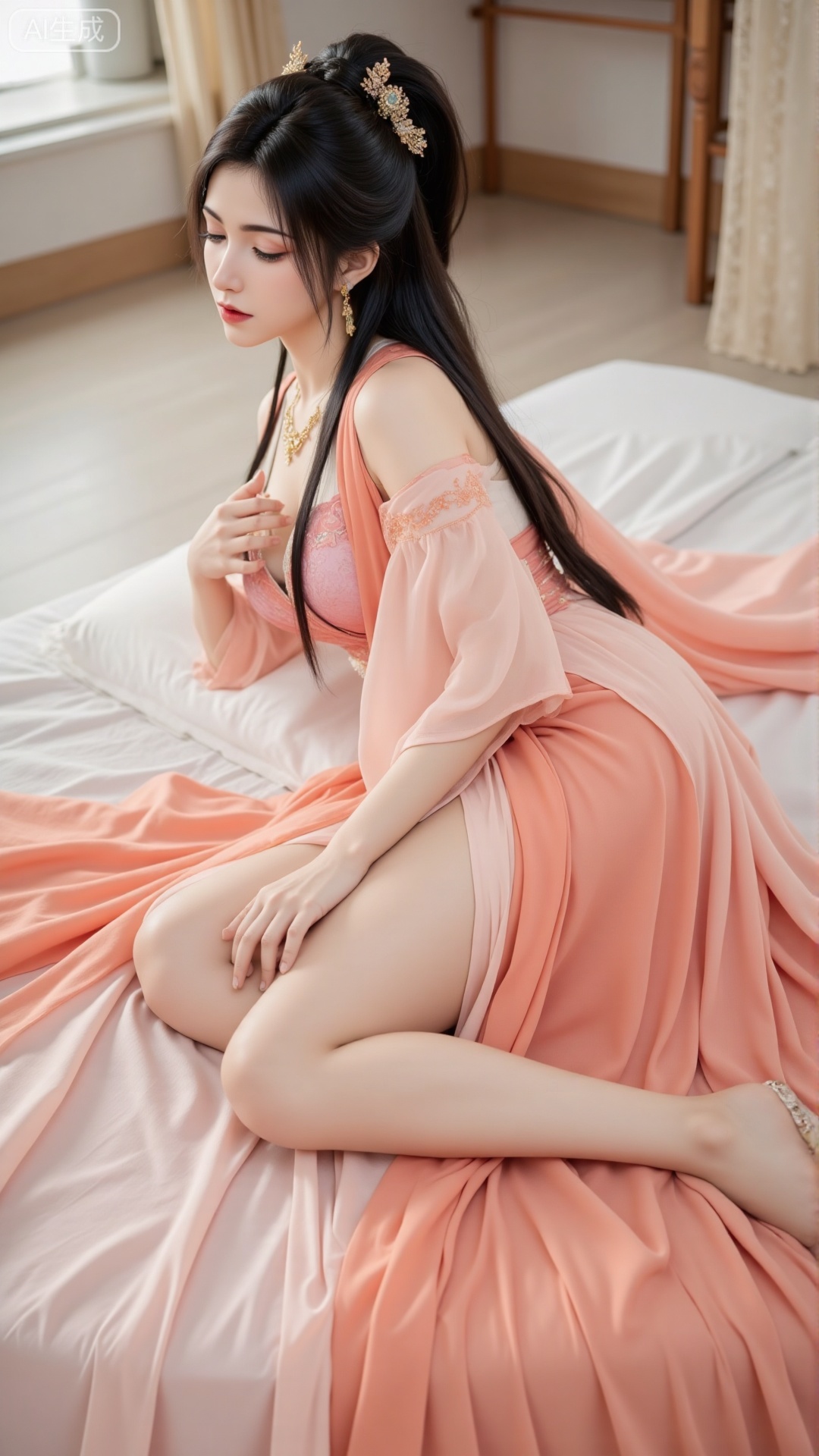 (masterpiece,best quality:1.23),1girl, solo, long hair, black hair, hair ornament, dress, jewelry, full body, earrings, lying, detached sleeves, indoors, on back, necklace, long dress, high heels, legs, pillow, bare legs, bed, on bed.(huge breasts, full breasts:2.99),,,Xbigbreasts,XbaifengsongyuYH,XzhouzimoH,XliancangH,XmupeilingHongyi,XyinyueX3