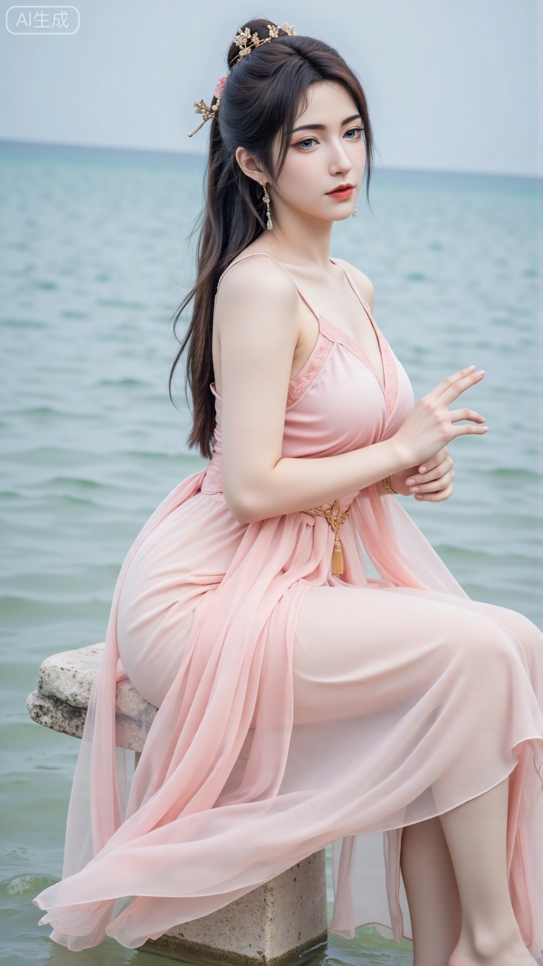 (masterpiece,best quality:1.23),screen description On the clear shallow water, the low angle shot presents a unique perspective, focusing on the woman in a light pink gauze suspender dress. Her long hair hangs gently, and the exquisite accessories between her hair add a bit of fairy spirit. The legs overlap gracefully, sitting cross-legged. As the skirt hem is naturally sagging, coupled with the shooting of the low camera position, the edges of the light pink safety pants are quietly revealed. He stepped on the water barefoot steadily, and his slender heels and thin anklets swayed gently with the water waves. She gently supported one hand against the stone, her posture relaxed but had an elegant rhythm, her back was naturally straight and her shoulder line was stretched. The thin fabric of the suspender skirt was close to her body, and it looked smooth and shiny against the backdrop of water. She looked at the camera, her face was delicate, her eyebrows and eyes were filled with a cold fairy spirit, and the seemingly faint curve of the corners of her mouth added a bit softer. The sky behind me is light and soft, blending with the reflection on the water. The 8K-level picture quality accurately presents the light texture of the clothes and the delicate patterns of the hair, like a cold fairy walking out of the fairyland scroll. The low angle further highlights the character's slender figure, with the hem of the skirt, water waves, barefoot and transparent black silk intertwining a ethereal and beautiful dreamy atmosphere. Every detail tells the poetry flowing in the static picture.(huge breasts, full breasts:2.99),,,Xbigbreasts,XbaifengsongyuYH,XzhouzimoH,XliancangH,XmupeilingHongyi,XyinyueX3