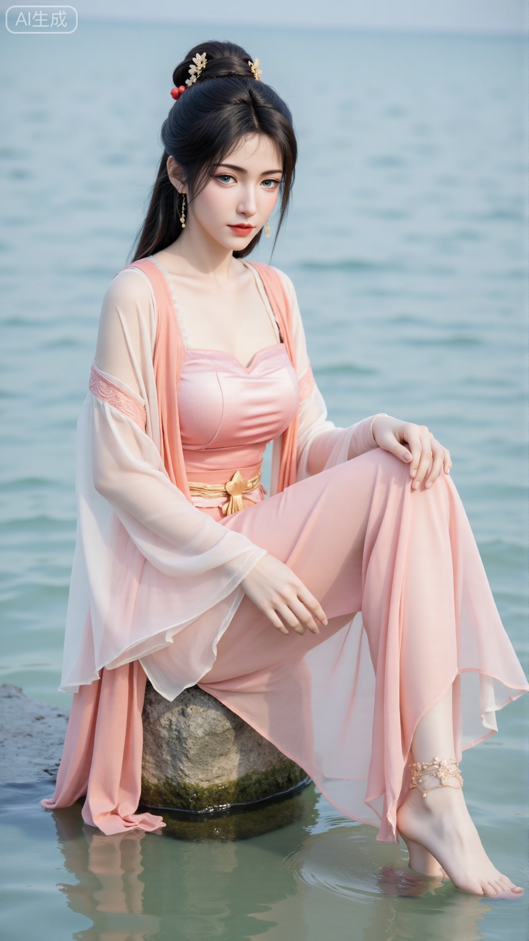 (masterpiece,best quality:1.23),screen description On the clear shallow water, the low angle shot presents a unique perspective, focusing on the woman in a light pink gauze suspender dress. Her long hair hangs gently, and the exquisite accessories between her hair add a bit of fairy spirit. The legs overlap gracefully, sitting cross-legged. As the skirt hem is naturally sagging, coupled with the shooting of the low camera position, the edges of the light pink safety pants are quietly revealed. He stepped on the water barefoot steadily, and his slender heels and thin anklets swayed gently with the water waves. She gently supported one hand against the stone, her posture relaxed but had an elegant rhythm, her back was naturally straight and her shoulder line was stretched. The thin fabric of the suspender skirt was close to her body, and it looked smooth and shiny against the backdrop of water. She looked at the camera, her face was delicate, her eyebrows and eyes were filled with a cold fairy spirit, and the seemingly faint curve of the corners of her mouth added a bit softer. The sky behind me is light and soft, blending with the reflection on the water. The 8K-level picture quality accurately presents the light texture of the clothes and the delicate patterns of the hair, like a cold fairy walking out of the fairyland scroll. The low angle further highlights the character's slender figure, with the hem of the skirt, water waves, barefoot and transparent black silk intertwining a ethereal and beautiful dreamy atmosphere. Every detail tells the poetry flowing in the static picture.(huge breasts, full breasts:2.99),,,Xbigbreasts,XbaifengsongyuYH,XzhouzimoH,XliancangH,XmupeilingHongyi,XyinyueX3