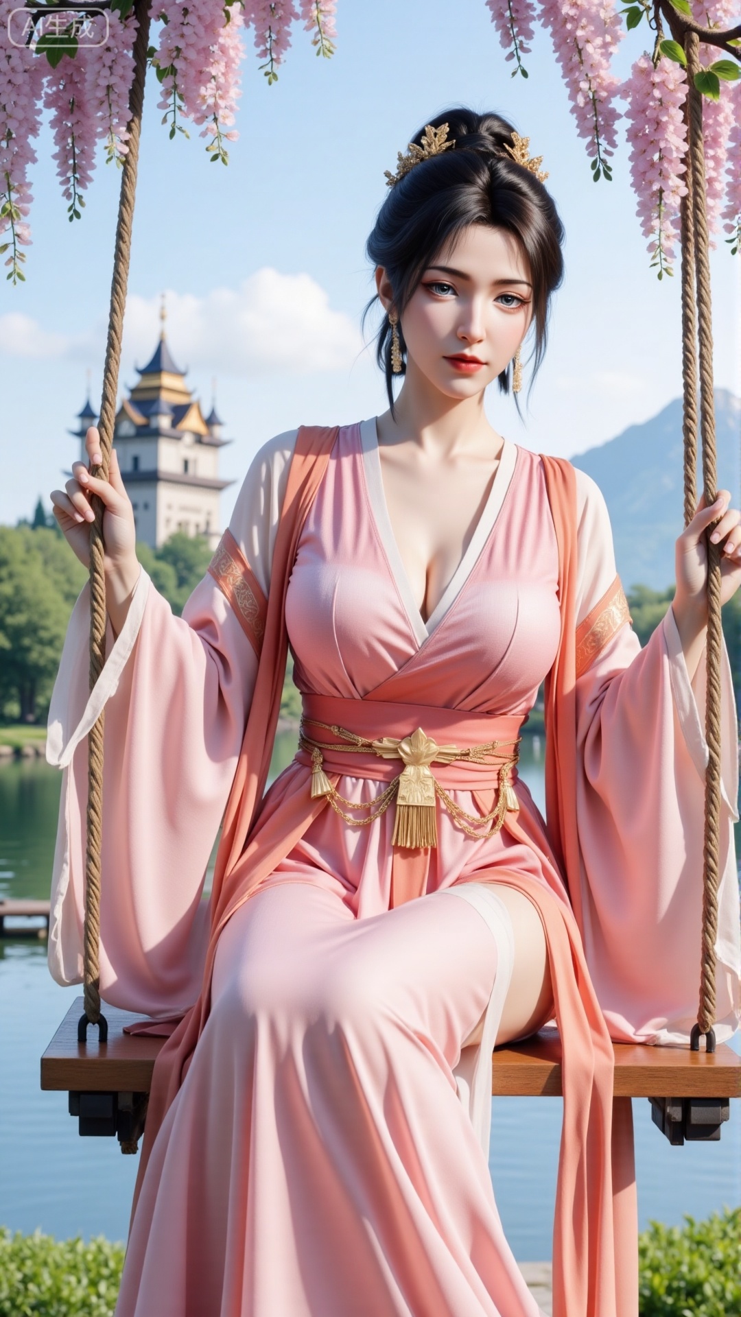 (masterpiece, top quality, best quality, official art, beautiful and aesthetic:1.2),Dynamic posture,(Sitting on the swing:1.39),natural skin texture,(Milky skin:1.2),1gir,solo,long Dress, (Long legs, perfect proportions:1.2),(Sakura, butterfly:1.29),(huge breasts:2.99),(full breasts:2.99),Wisteria, wisteria flowers, castle, waterfall, mountains in the distance,,,,Xbigbreasts,XbaifengsongyuYH,XzhouzimoH,XliancangH,XmupeilingHongyi,XyinyueX3