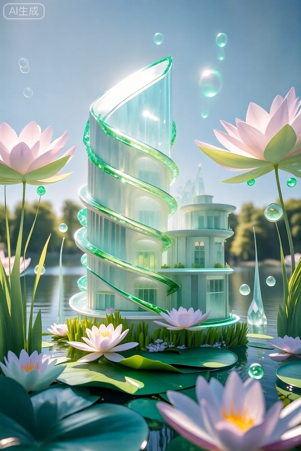 水绿色晌午, 圆柱螺旋状的水晶建筑被大朵睡莲、水绿菖蒲环绕,建筑螺旋边缘闪烁着旋转的水绿光环,周围悬浮着发光的气泡状露珠,湖泊倒映着晴空树影与建筑身姿,营造出灵动的清新氛围。
