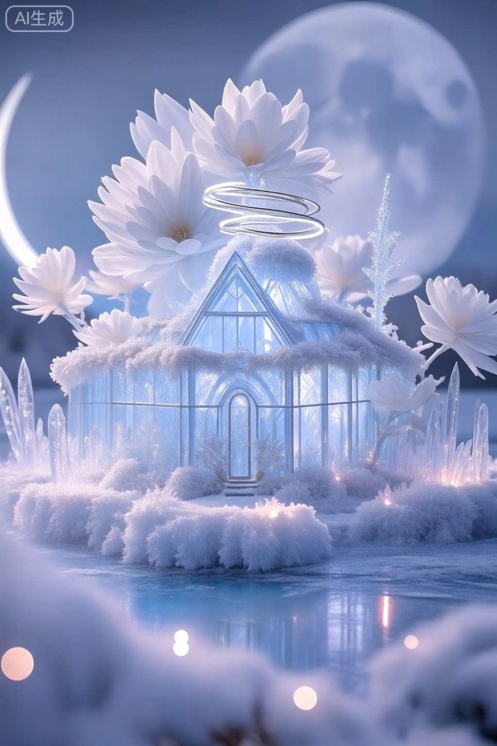 银白月光下,冰晶状的玻璃建筑被大朵雪绒花、霜白苔藓覆盖,建筑顶部有旋转的银色光环,周围凝结着发光的冰晶露珠,结冰湖面倒映着冷月与建筑,营造出凛冽的冰雪氛围。