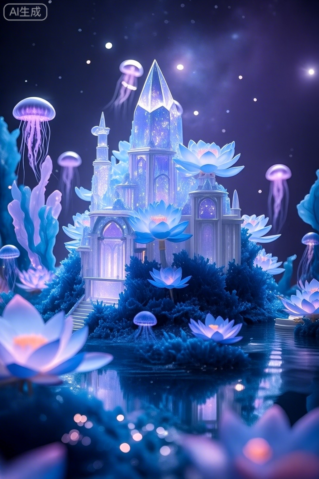 靛紫星夜下,星云状的水晶建筑被大簇蓝莲花、深蓝海藻包裹,建筑尖顶有闪烁的银紫光环,周围飘荡着发光的水母状光斑,镜面水域倒映着星空与建筑,营造出神秘的深海氛围。