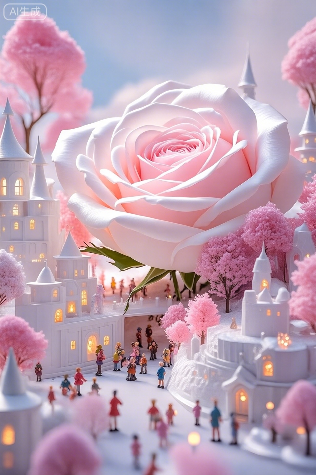 粉白天空下,巨型粉白玫瑰成为视觉中心,周围是白色童话建筑,建筑灯火温暖,粉色树木林立,许多小人穿梭其中,宛如进入微缩的浪漫童话镇。