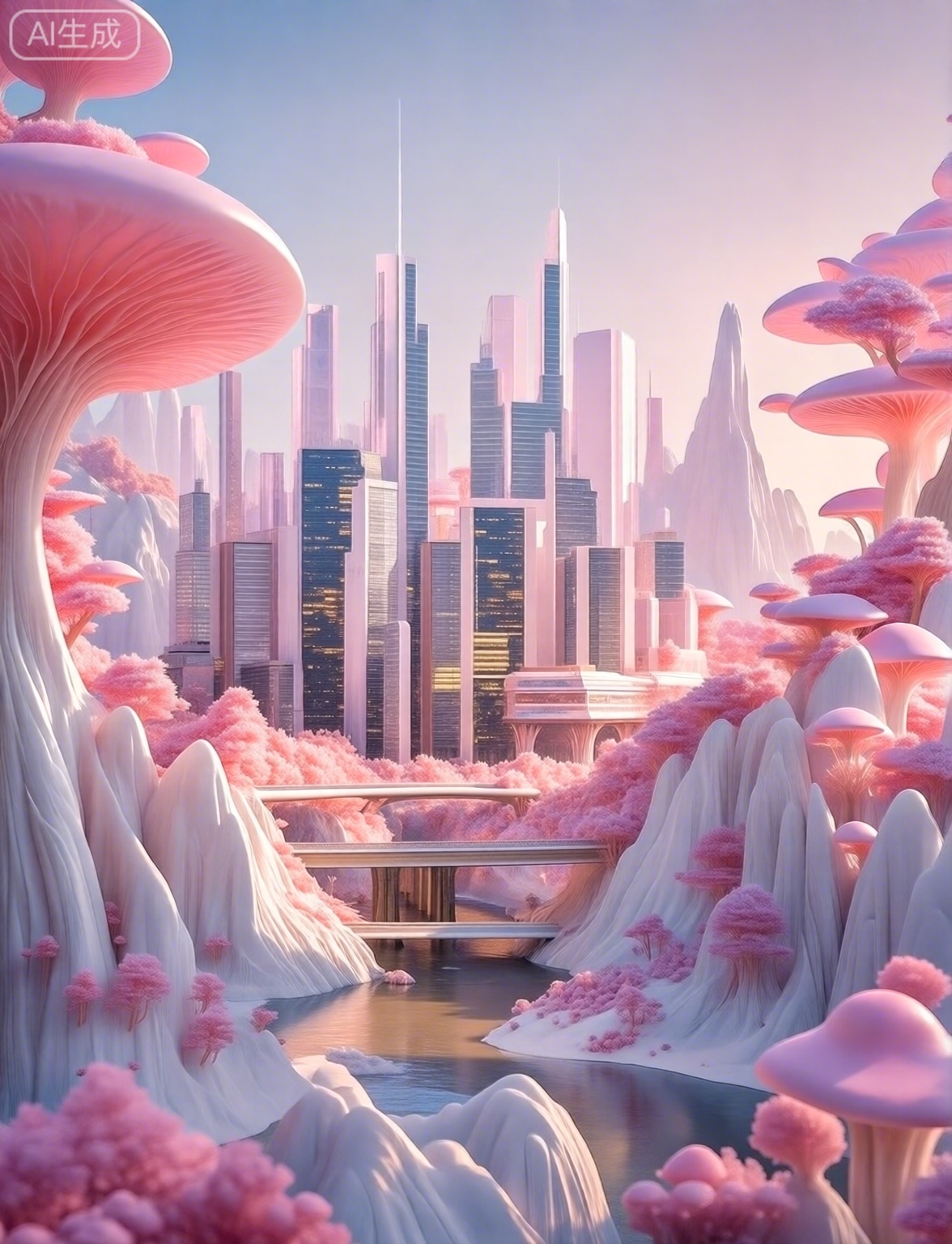 现代都市与奇幻自然的结合体,城市中有高耸的摩天大楼,建筑表面呈现出玻璃的质感,城市周围环绕着粉色的蘑菇状树木和白色的山峦,山脚下有一条河流,河面上有一座连接两岸的桥梁,整体画面展现了一个超现实的未来世界,