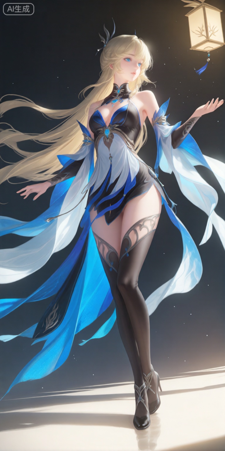 a digital illustration shoot from below about a fantasy character with long flowing hair, wearing a revealing outfit with blue and white accents, the image also shows a young woman standing in the middle of the image, with her full body visible, she has long blonde hair, blue eyes, and is wearing a black and blue outfit with a plunging neckline that reveals her small breasts, her hair is styled in a long hair style, and she is wearing black high heels, she is standing with her arms outstretched, looking to the side with a serene expression, the background is a dark, starry sky with a lantern in the top right corner, the lighting is soft and diffused, casting gentle shadows on her body,
