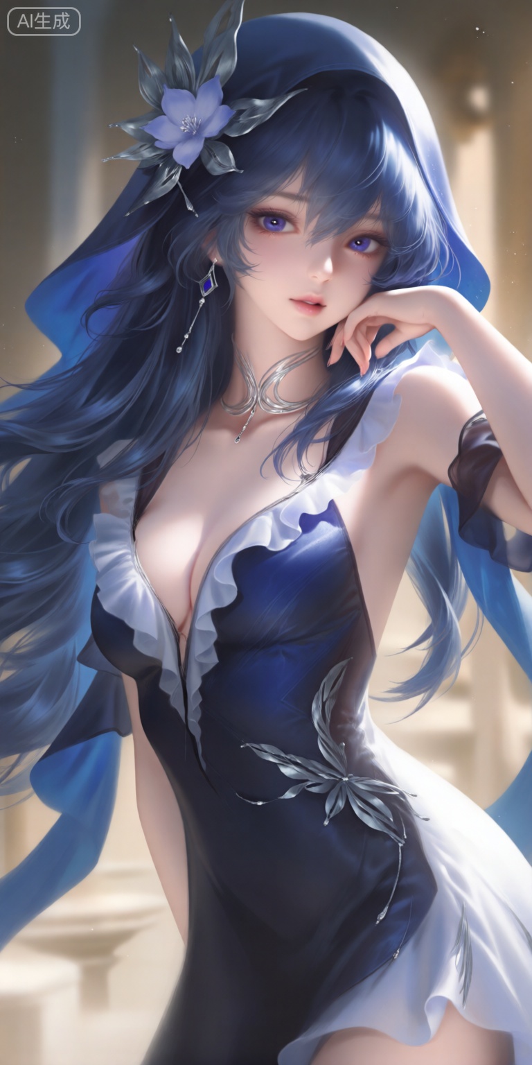 a digital illustration shoot from a portrait camera angle about a portrait of a young woman with long,  flowing blue hair...