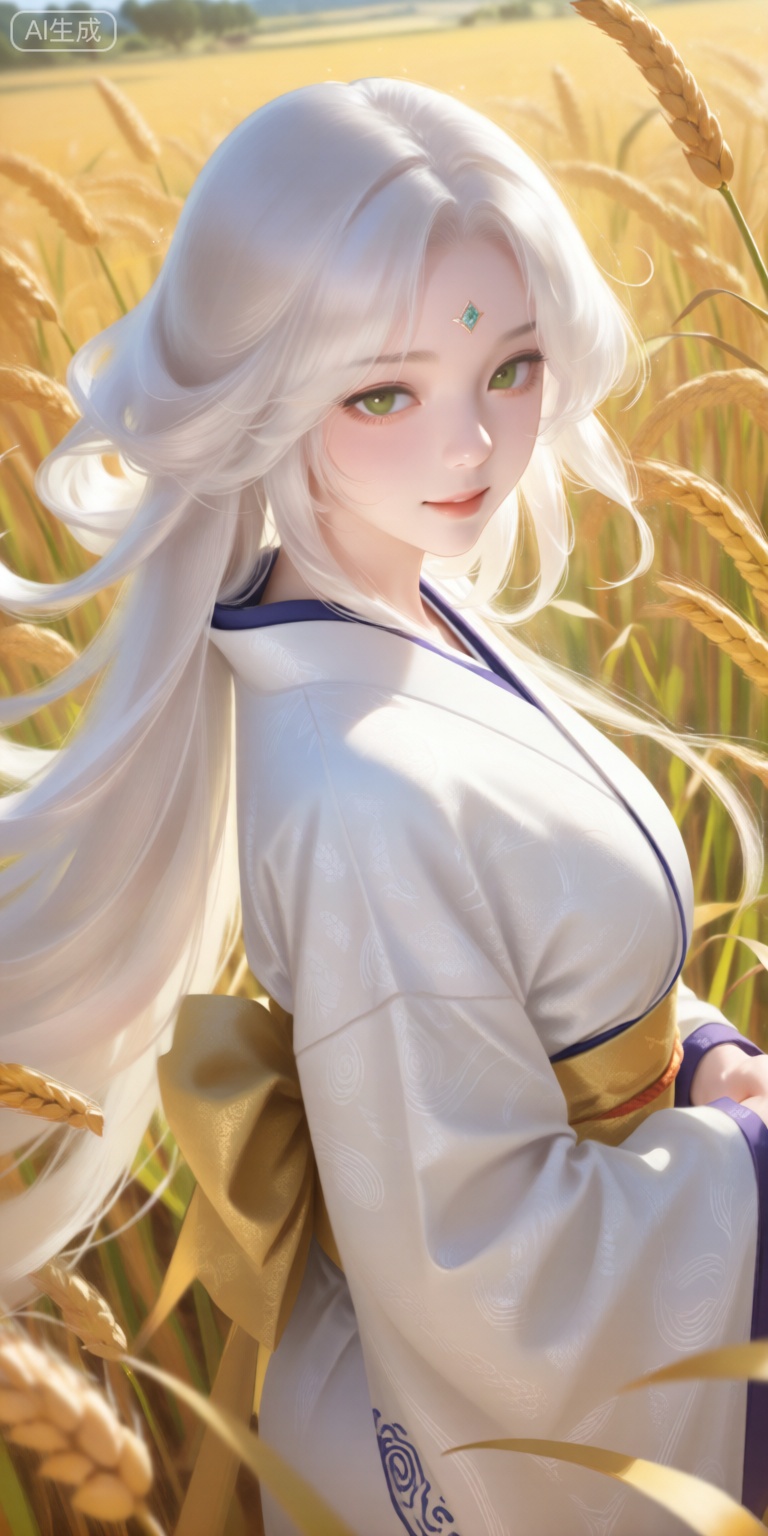 a digital illustration shoot from a portrait camera angle about a young woman with long, flowing white hair standing in a field of tall, golden wheat stalks, wearing a white kimono with intricate patterns and a golden sash, the image also shows a serene and peaceful atmosphere, on the middle of the image, a 1girl, who appears to be in her early twenties, with light skin, long, wavy white hair, and green eyes, is standing with her upper body facing the viewer, looking directly at them with a gentle smile, she is wearing a traditional japanese outfit with a white dress and a gold sash around her waist, and her hair is adorned with a small gem on her forehead, the background is a golden wheat field with tall stalks of wheat, and the lighting is soft and warm, casting gentle shadows on her face and body,

