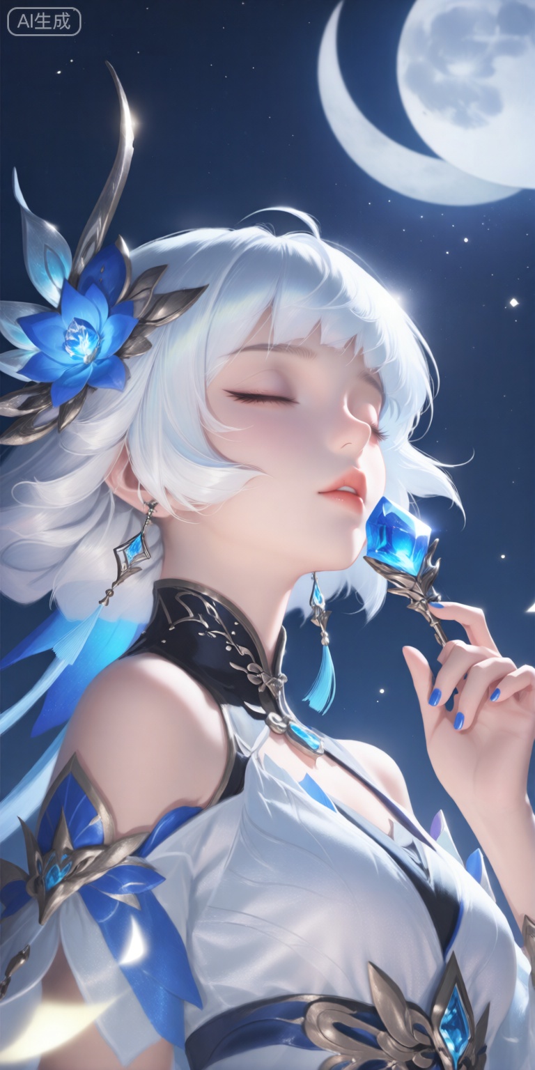 a digital illustration shoot from a close-up camera angle about a fantasy character with white hair and blue accessories, set against a night sky with a crescent moon and stars, the image also shows a serene and dreamy atmosphere, on the middle of the image, a young woman appears to be in her early twenties, with her eyes closed and a peaceful expression on her face, she is wearing a white and blue dress with intricate designs, and her hair is styled in short hair with a blue flower, she has a slim body and is holding a blue gemstone in her right hand, which is placed near her lips, her fingernails are painted with blue nail polish, and she is also wearing earrings, the background is a starry night sky, with a full moon visible in the distance,