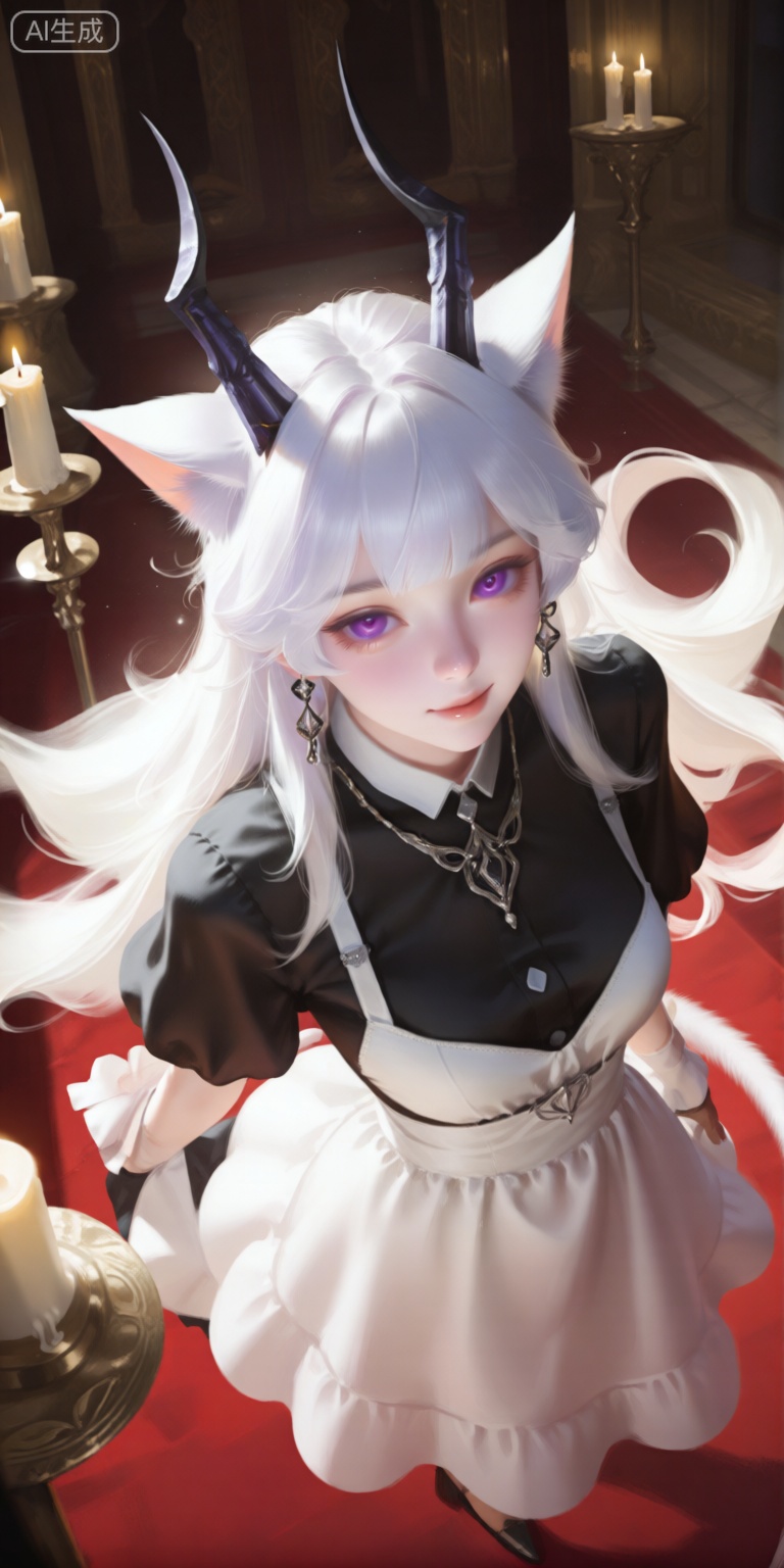 a digital illustration shoot from below about a fantasy character with white hair and cat ears, dressed in a black and white dress, standing in a dimly lit room with candles, the image also shows a red carpet, candles, and ornate architecture in the background, on the middle of the image, a young woman appears to be in her early twenties, with long white hair flowing behind her, she has cat ears and a pair of demon horns on her head, her eyes are a striking purple color, and she has a gentle expression on her face, she is wearing a black dress with a white apron, and a necklace with earrings, her hair is styled in a long, flowing manner, and her body is slim with a small waist, the lighting is soft and warm, casting gentle shadows,
