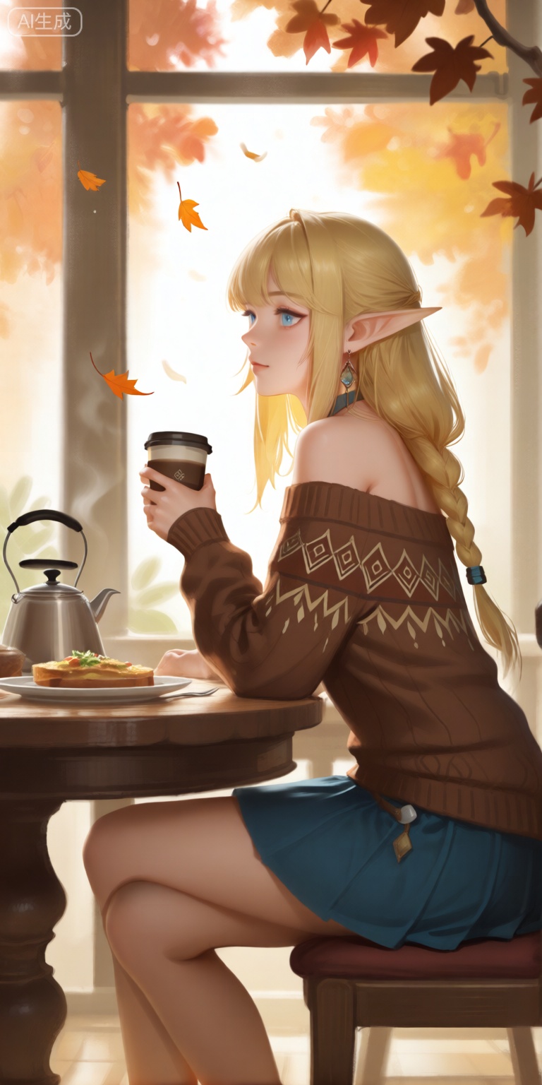 a digital illustration shoot from the side about a young woman sitting at a table with a cup of coffee and a plate of food, surrounded by autumn leaves, the image also shows a cozy atmosphere with warm colors and a warm ambiance, on the middle of the image, a 1woman, who appears to be in her early twenties, with long blonde hair, blue eyes, and pointed ears, is sitting on a wooden chair, she is wearing a brown off-the-shoulder sweater with intricate designs, and a blue skirt, her hair is styled in a braid, and she has a serene expression on her face, her body is slim and she is facing the viewer, with her eyes looking to the side, she has bare shoulders and is wearing earrings, the background features a large window with autumn leaves, and the scene is set in a cozy indoor setting with a wooden table and a kettle on the table,
