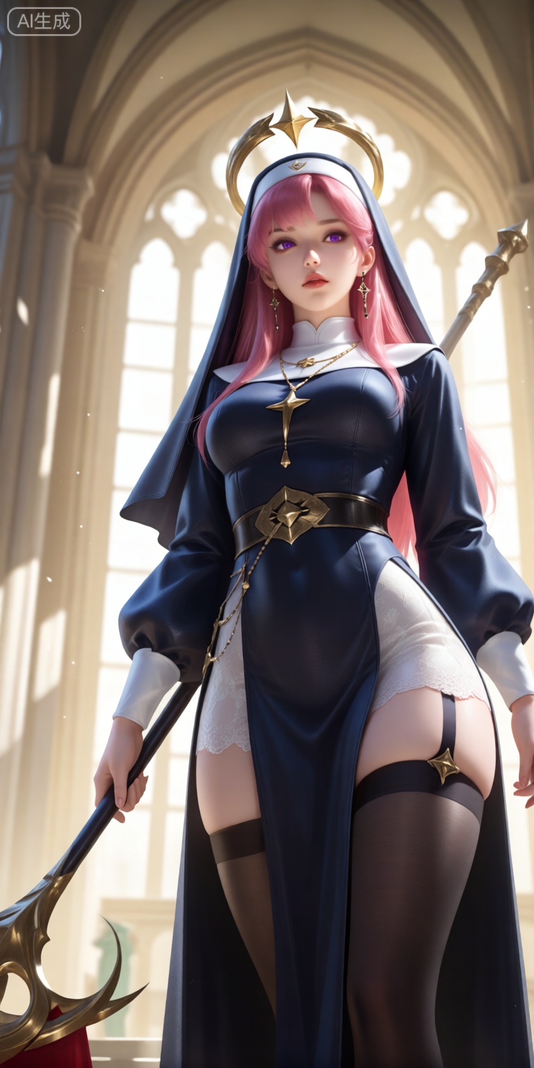a digital illustration shoot from a frontal camera angle about a female character dressed as a nun, holding a staff, standing confidently in a gothic cathedral with large arched windows, the image also shows a young woman with long pink hair, wearing a dark blue nuns habit with gold accents, a white lace dress, and black thigh-high stockings, on the middle of the image, a 1woman, who appears to be in her early twenties, is standing with her full body facing the viewer, looking directly at them with a serious expression, she has purple eyes and is wearing a gold crown with a star on top, her hair is styled in long hair, and she is wearing earrings, she is holding a large, ornate staff in her right hand, the background is a grand cathedral with tall arches and stained glass windows, giving a bright and airy atmosphere, the lighting is soft and natural, highlighting her curves and the details of her outfit,
