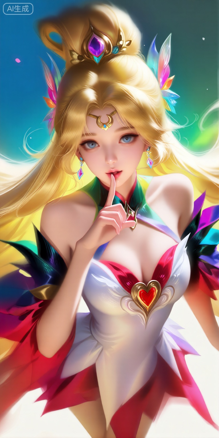 a digital illustration shoot from a portrait camera angle about a fantasy character with long,  flowing blonde hair and vi...