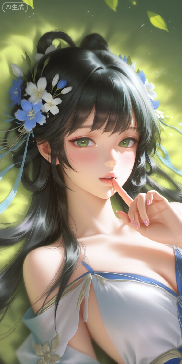 a digital illustration shoot from a close-up camera angle about a young woman with long black hair adorned with blue and w...