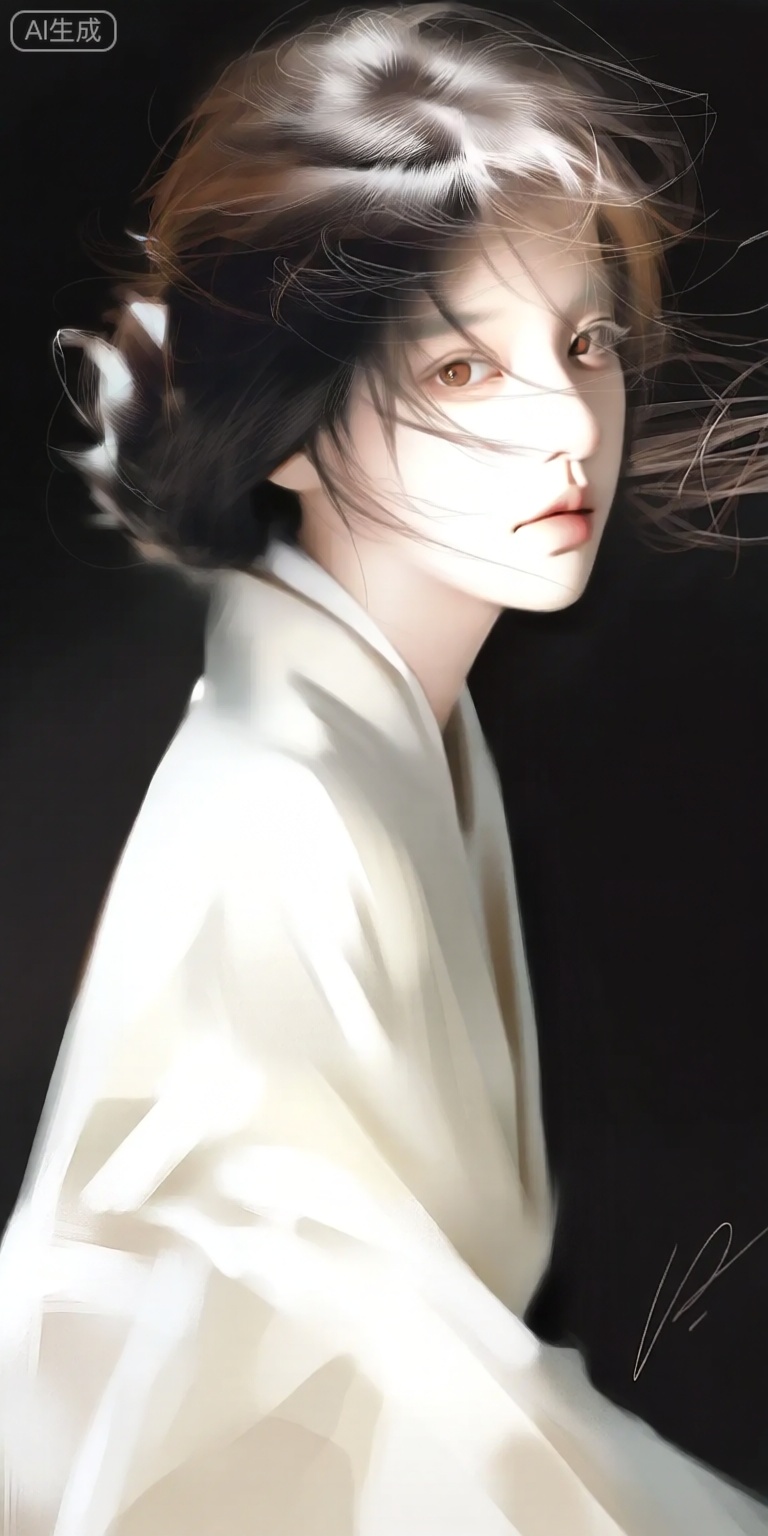 a digital illustration shoot from a portrait camera angle about a portrait of a young woman with striking features and hair blowing in the wind, wearing a white kimono, the image also shows soft lighting and a signature in the bottom right corner, on the middle of the image, a 1woman, who appears to be in her early twenties, with a serious expression, is facing the viewer, looking directly at the viewer with her brown eyes, she has short, dark hair styled in an elegant updo with a few strands of hair falling down her back, and her hair is messy and unkempt, with some strands framing her face, she is wearing a traditional japanese outfit with a high collar and a white shawl draped over her shoulders, the background is a solid black color, which contrasts with the soft and diffused lighting that creates a sense of depth and dimensionality in the image,

