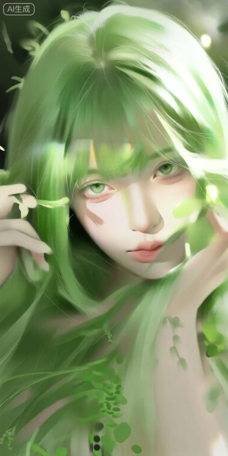 a digital illustration shoot from a close-up camera angle about a portrait of a young woman with vibrant green hair and a soft expression, surrounded by greenery, the image also shows a serene and ethereal atmosphere, on the middle of the image, a 20 years old woman appears to be looking directly at the viewer with green eyes and a neutral expression, she has long, straight, green hair with a few strands falling down her back, her hair is styled in a way that frames her face, and she is wearing minimal clothing, she is holding her hair with one hand, and the other hand is resting on her face, the background is blurred with greenery and soft lighting, creating a dreamy atmosphere,