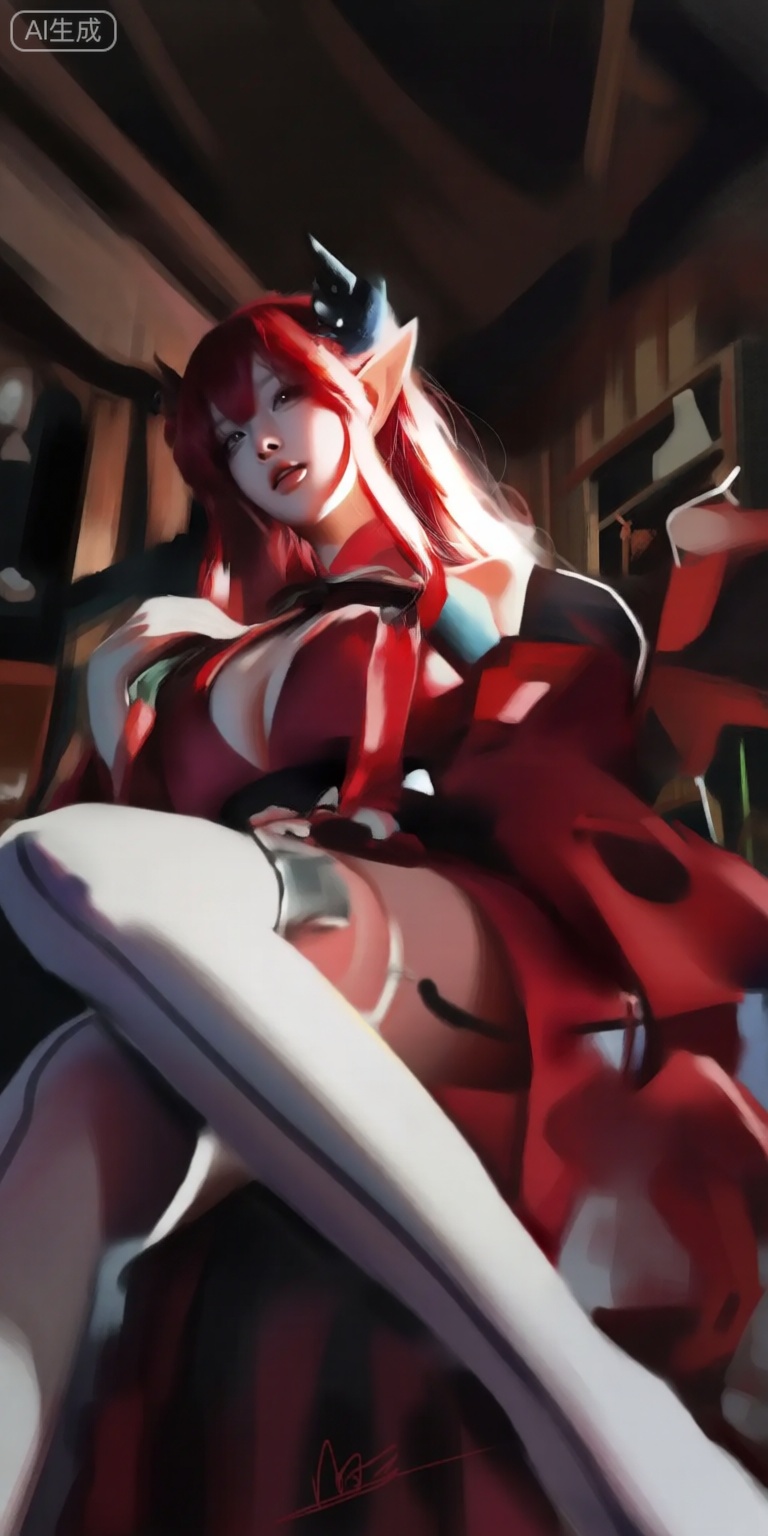 a digital illustration shoot from a low angle about a stylized character with red hair and pointed ears in a provocative pose, wearing a revealing outfit, the image also shows a dark, dimly lit interior with wooden walls and shelves filled with various items, on the middle of the image, a 1woman, who appears to be in her early twenties, with pale skin and red hair styled in long hair, is sitting with her legs spread wide, showing off her shaved vulva, she has pointed ears and is wearing a red outfit with black accents, including a black bra and white pants, her expression is confident and seductive, with parted lips and a hint of a smile, she is looking directly at the viewer with her eyes, and her body is slim, her hair is styled in a way that accentuates her curves, and she has a black hair ornament on her head, the lighting is soft and warm, casting shadows that accentuate her features, the style is realistic with a touch of fantasy, and the image has a signature in the bottom right corner that adds a personal touch,

