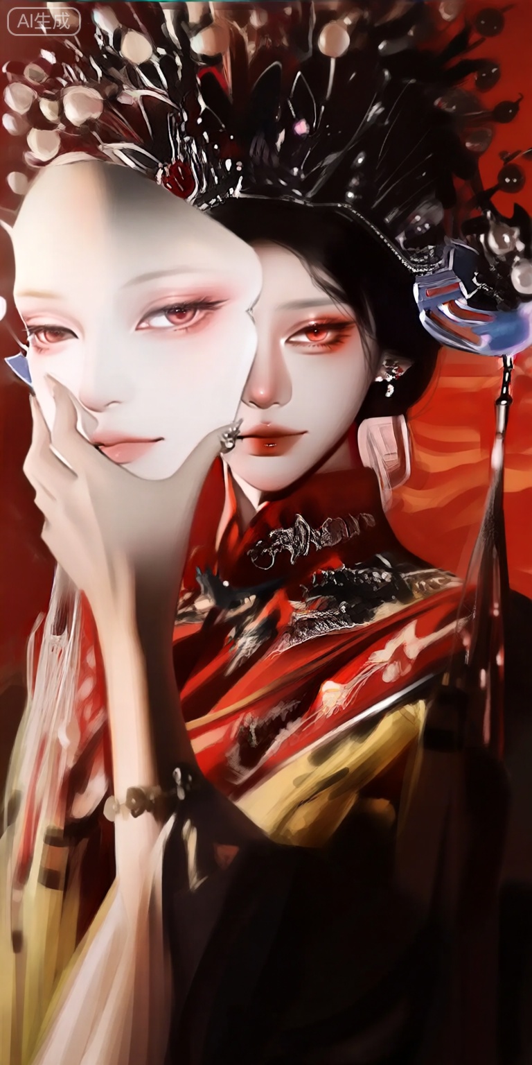 a digital illustration shoot from a portrait camera angle about a stylized portrait of a woman with a similar appearance, featuring two distinct faces, on the left side of the image, a young woman with pale skin and black hair, wearing a traditional chinese outfit with a red and gold color scheme, she has a slender physique and is looking directly at the viewer with a neutral expression, her eyes are a striking red color, and she is wearing a black headpiece adorned with flowers and earrings, her hair is styled in an elegant updo with a few strands of hair framing her face, she is also wearing a red kimono with intricate patterns and has a bracelet on her left wrist, the background is a vibrant red with a subtle pattern, and the image has a soft, ethereal quality with a slightly blurred effect,