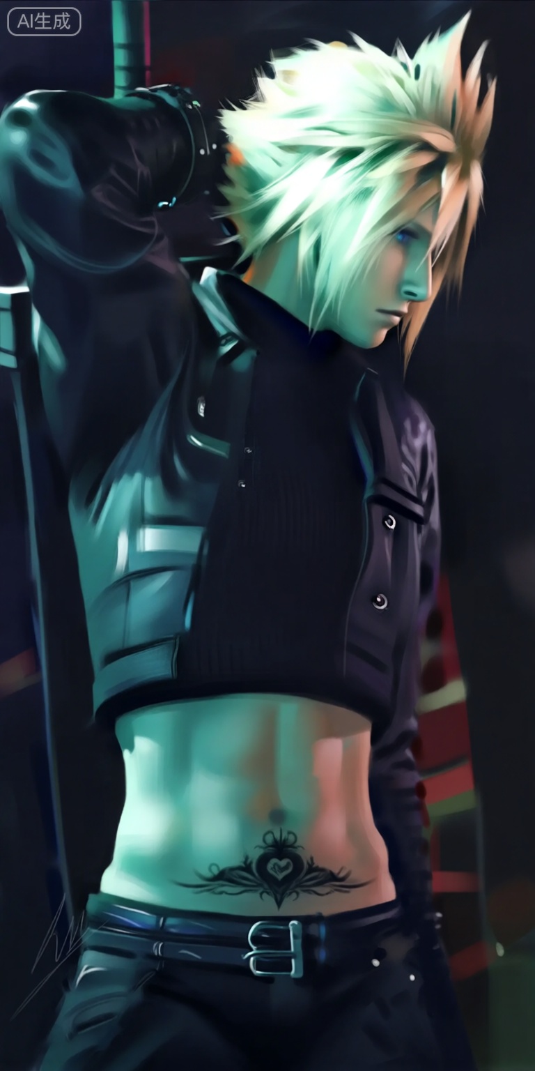 a digital illustration shoot from a profile camera angle about a stylized character with short, spiky blonde hair, wearing a black cropped jacket and a black turtleneck sweater, standing confidently with one arm raised, showcasing a tattoo on her lower abdomen, the image also shows a dark, moody background with a hint of green and blue lighting, on the middle of the image, a 1girl, who appears to be sebastian stanley, with a slim body, is standing with her upper body facing the viewer, looking over her shoulder with a serious expression, she has a tattoo of a heart on her stomach, and her hair is styled in a spiky manner, she is wearing black pants, a black jacket, and a belt with a silver buckle, her hair color is white, and she has blue eyes,