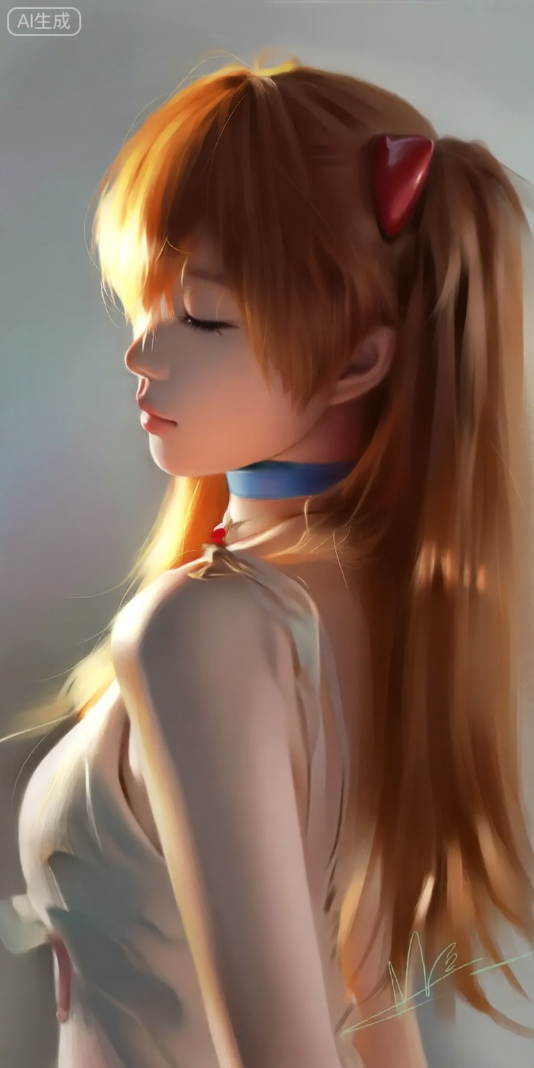 a digital illustration shoot from a profile camera angle about a portrait of a young woman with long, flowing orange hair styled in a ponytail with a red heart-shaped hair clip, wearing a blue choker and a light-colored dress, the image also shows a soft, blurred background with a gradient effect, and a signature in the bottom right corner, on the middle of the image, a 1girl, who appears to be in her early twenties, is facing away from the viewer, with her eyes closed and a serene expression, she is wearing a simple, sleeveless dress with a high neckline and bare shoulders, and her hair is tied up in a high ponytail, the lighting is soft and warm, creating a gentle glow around her face and upper body, the style is realistic with a slight anime influence, and the image is signed by the artist katsuragi misato in the lower right corner, adding a personal touch to the artwork,
