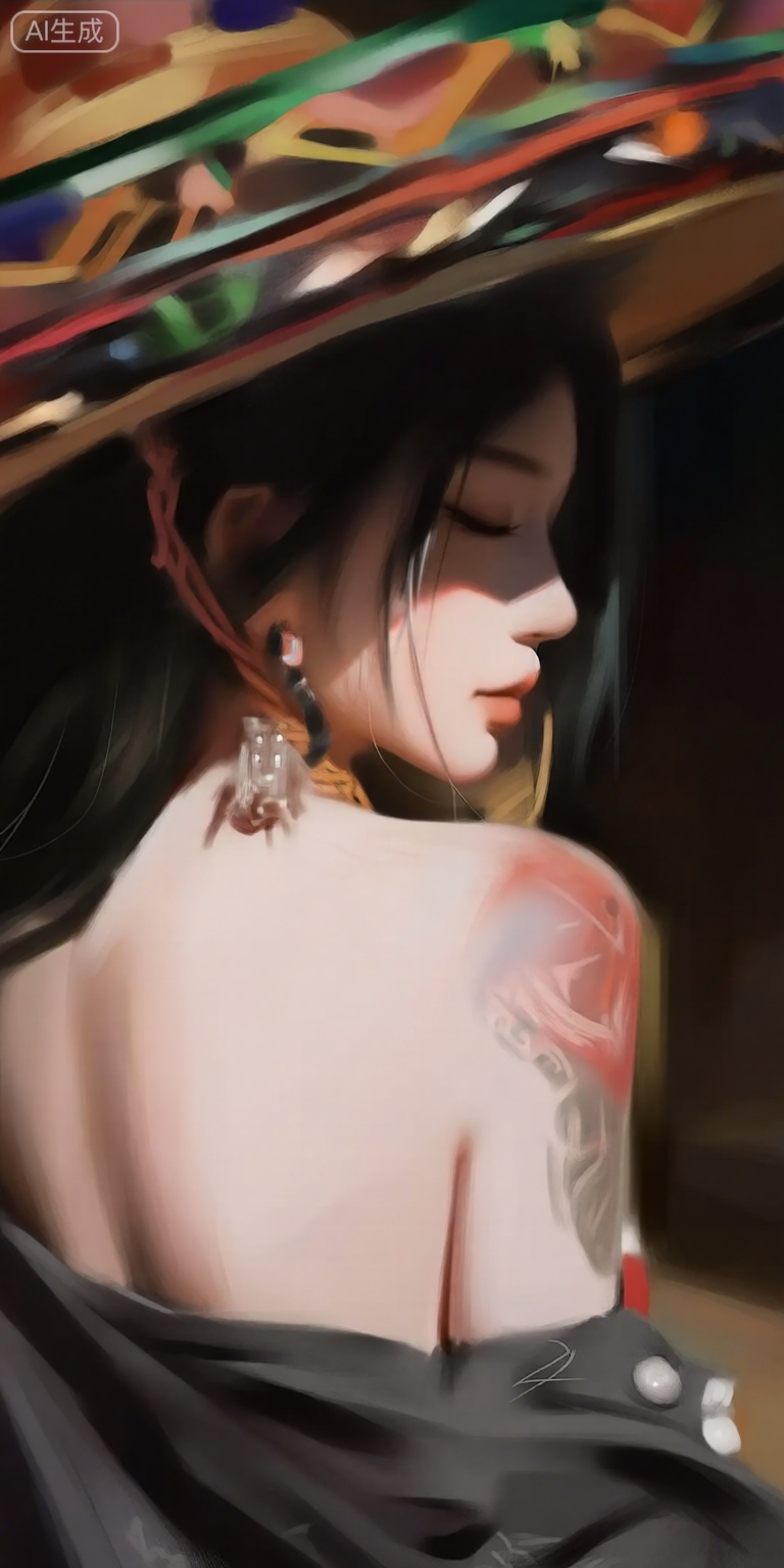 a digital painting of a woman with a sombrero and a tattoo on her shoulder, captured from a profile camera angle, the woman, who appears to be in her late teens or early twenties, has long black hair and is wearing a large, ornate hat with a multicolored pattern, she is facing away from the viewer, with her upper body visible, and her eyes are closed, giving a serene expression, her body is slim, and she is wearing earrings and a black jacket, the background is blurred, with a warm, inviting atmosphere, and the focus is on the womans upper body, the style is reminiscent of traditional japanese art, with soft, painterly textures and vibrant colors,