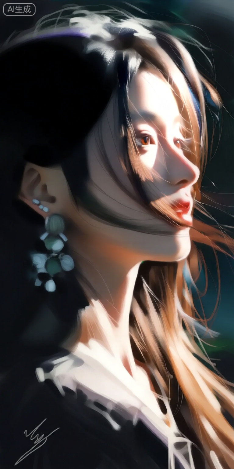 a digital illustration shoot from a profile camera angle about a portrait of a woman with long hair and a hat, adorned with earrings, in an indoor setting with a soft, blurred background, on the middle of the image, a young woman with light skin and long, flowing brown hair appears to be facing the viewer, looking slightly to the side with a neutral expression, she has brown eyes and is wearing a black hat with a wide brim and a pair of earrings, her hair is styled in loose waves and falls down her back, the lighting is soft and diffused, creating a gentle glow on her face and body, the background is dark and blurred, with a subtle gradient effect, the image also features a signature in the bottom right corner,
