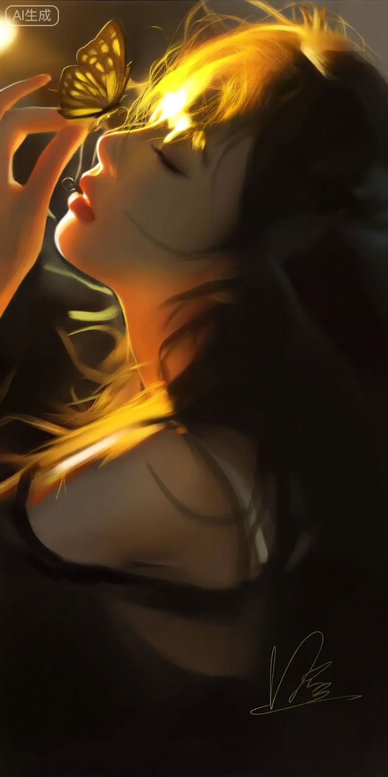 a digital illustration shoot from a profile camera angle about a close-up portrait of a woman with glowing yellow hair and butterflies, set against a dark background, the image also shows a signature in the bottom right corner, on the middle of the image, a young woman appears to be in her early twenties, with her eyes closed and a serene expression, she has long, dark hair and is wearing a black top, her hair is styled in a way that frames her face, and she is looking up towards the sky with a dreamy, ethereal quality, the woman is positioned in the center of the frame, and her upper body is visible, she is holding a small, glowing yellow butterfly near her head, adding a touch of whimsy to the image, the background is blurred, focusing attention on the woman and the butterfly, the lighting is soft and warm, creating a moody atmosphere,
