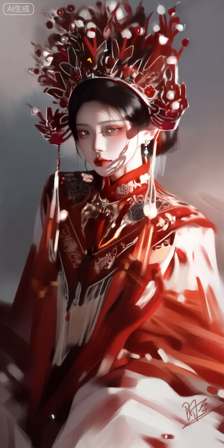 a digital illustration shoot from a portrait camera angle about a portrait of a woman in traditional chinese attire, adorned with elaborate red and gold decorations, the image also shows dramatic lighting and soft shadows, on the middle of the image, a 1woman, who appears to be in her early twenties, with black hair styled in a short hair style, is sitting, she has a serious expression and is looking directly at the viewer, she is wearing a red and white ornate robe with intricate designs, along with a pair of earrings and a necklace, her body is slim and she has red lips, the background is a gradient of grey and white, and the image has a signature in the bottom right corner,

