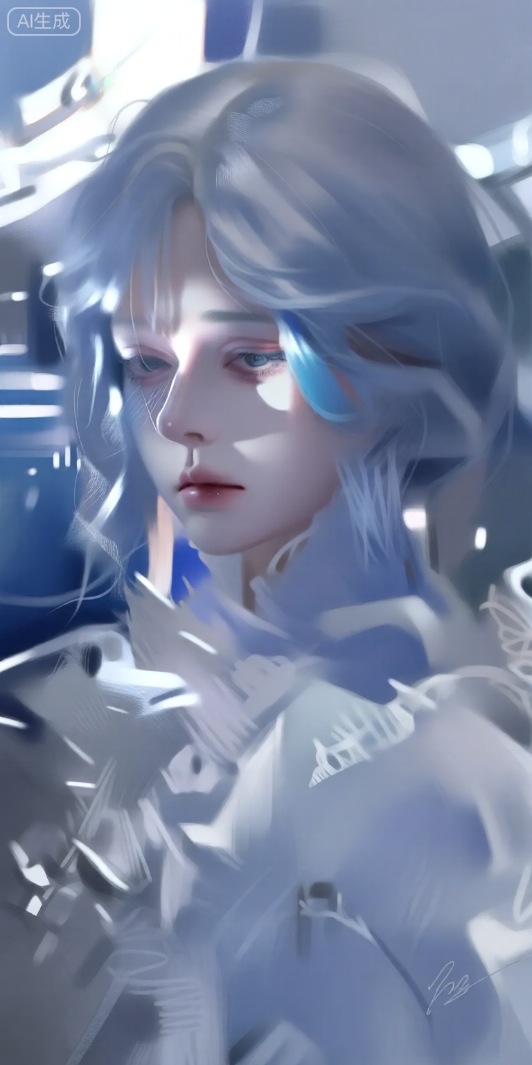 a digital illustration shoot from a portrait camera angle about a close-up portrait of a young woman with silver hair and pale skin, wearing a white, frilly dress with intricate details, the subject, a 1girl, is positioned in the middle of the image, looking directly at the viewer with a serious expression, her hair is styled in a short, wavy manner and falls down her back, she has light blue hair that falls between her eyes, and her face is covered in a soft, ethereal light that highlights her delicate features, the background is a blurred, futuristic setting with blue and white colors, and the lighting is soft and diffused, creating a dreamy atmosphere, the image also features a signature in the bottom right corner, adding a personal touch to the artwork,

