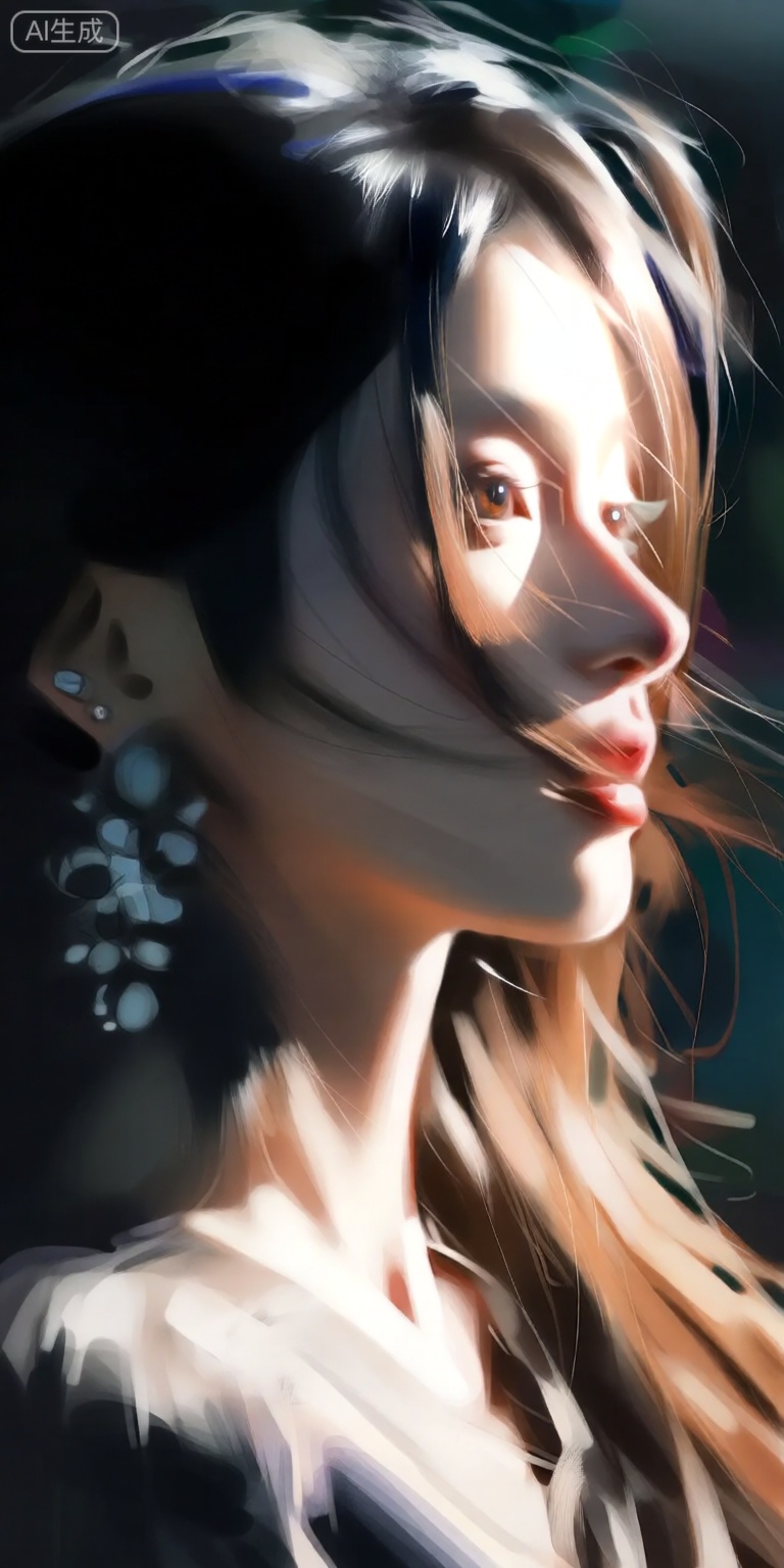 a digital illustration shoot from a profile camera angle about a portrait of a woman with long hair and a hat, adorned with earrings, the image also shows soft lighting and a blurred background, on the middle of the image, a young woman appears to be in her early twenties, with light skin, brown eyes, and long brown hair, she is facing the viewer, looking slightly to the side, with a neutral expression, her hair is styled in loose waves, and she is wearing a black hat and earrings with a flower design, her body is slim and she has a mole under her eye, her lips are parted, and her nose is visible, the lighting is soft and diffused, creating a gentle glow on her face and hair, the background is dark and blurred, adding to the sense of depth and atmosphere,
