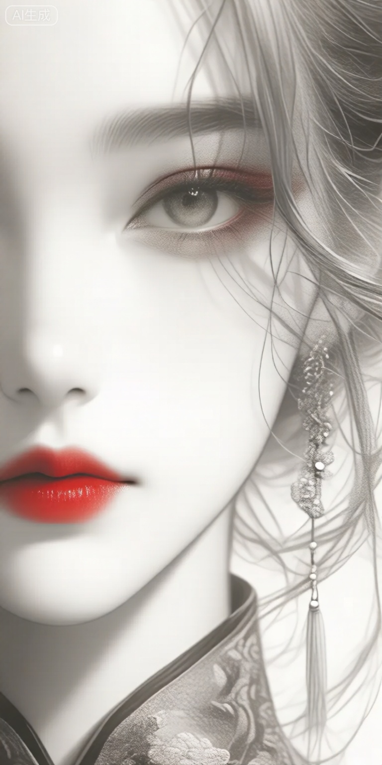 a close-up portrait of a young woman with striking red lipstick and dramatic eye makeup, captured from a portrait camera angle, the subject, a 20-year-old woman with light skin, appears to be looking directly at the viewer with a neutral expression, she has long, wavy, light-colored hair that falls between her eyes, and is wearing a traditional chinese outfit with intricate patterns and a pair of dangling earrings, her lips are painted with bright red lipstick, and her eyebrows are perfectly groomed and filled in, the background is a soft, blurred white, which contrasts with the womans delicate features and creates a striking visual effect, the image has a high-quality, monochromatic style, with a focus on texture and detail, making it a beautiful and captivating piece of art,

