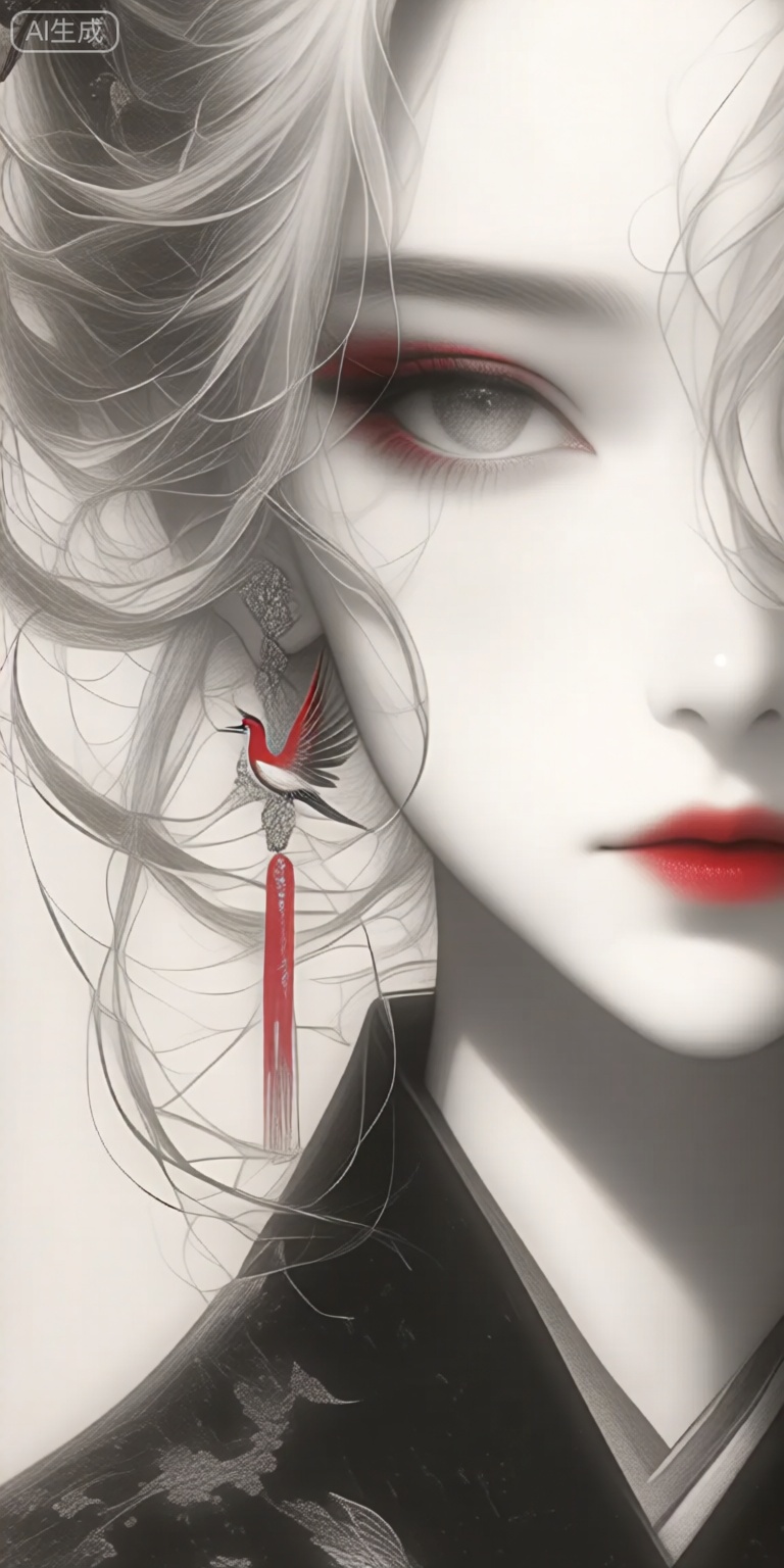 a close-up portrait of a young woman with striking features, captured in a monochromatic style with a focus on her delicate features and elegant attire, the subject, a 20-year-old woman with light skin and long, wavy, platinum blonde hair, is positioned in the middle of the image, looking directly at the viewer with a serene expression, she is wearing a black kimono with intricate patterns and a pair of red earrings with a bird design, adding a touch of elegance to her overall look, her eyes are accentuated with dramatic red eyeliner and red lipstick, creating a striking contrast against her pale skin, the background is a simple, neutral color, allowing the focus to remain on the subjects face and the intricate details of her outfit, the overall effect is one of elegance and sophistication, making the image a captivating and captivating piece of art,
