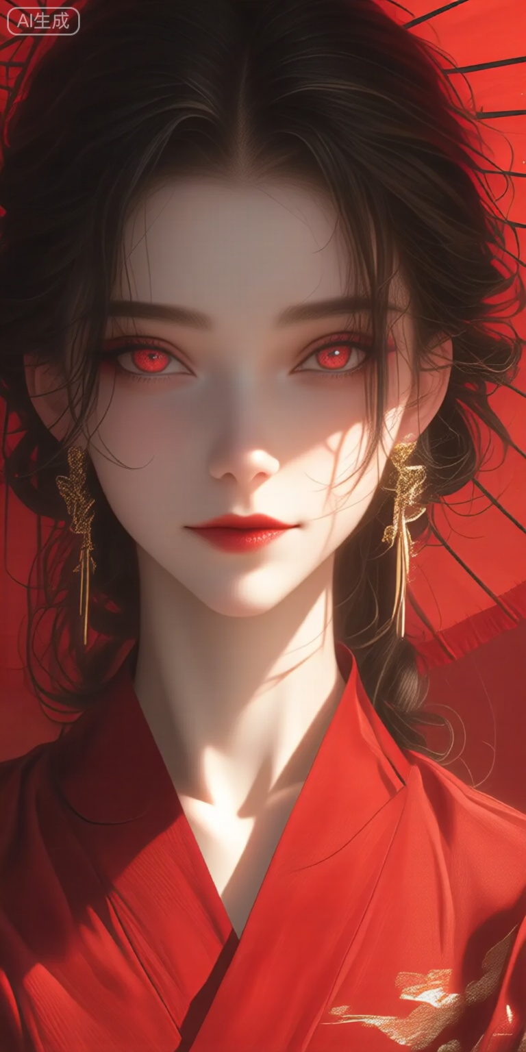 a close-up portrait of a young woman with striking red eyes and dark hair, wearing a traditional red outfit and gold earrings, she is positioned in the middle of the image, with her upper body facing the viewer and her eyes looking directly at the viewer, her hair is styled in a long, wavy manner and falls down her back, framing her face, her lips are painted with red lipstick, and she has a subtle smile on her lips, the background is a bright red umbrella, which casts a shadow on her face, adding to the dramatic effect of the portrait, the lighting is soft and warm, highlighting her features and creating a sense of elegance and sophistication, the overall effect is one of beauty and sophistication, with a focus on the womans elegant and sophisticated appearance,