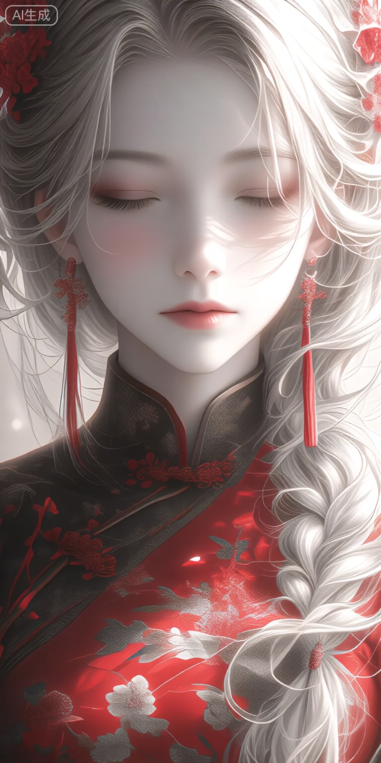 a digital illustration shoot from a portrait camera angle about a portrait of a young woman with long, wavy silver hair adorned with red flowers, wearing a traditional red and black cheongsam with intricate floral patterns, the image also shows a soft, ethereal light filtering through the background, creating a serene and elegant atmosphere, on the middle of the image, a 20-year-old woman appears to be looking directly at the viewer, with her eyes closed and her lips slightly parted, she is wearing a red cheongam with floral patterns and red tassel earrings, which add a touch of elegance to her overall appearance, her hair is styled in a braid, and she has a delicate, elegant look with a subtle blush on her cheeks, the overall effect is one of serenity and elegance,