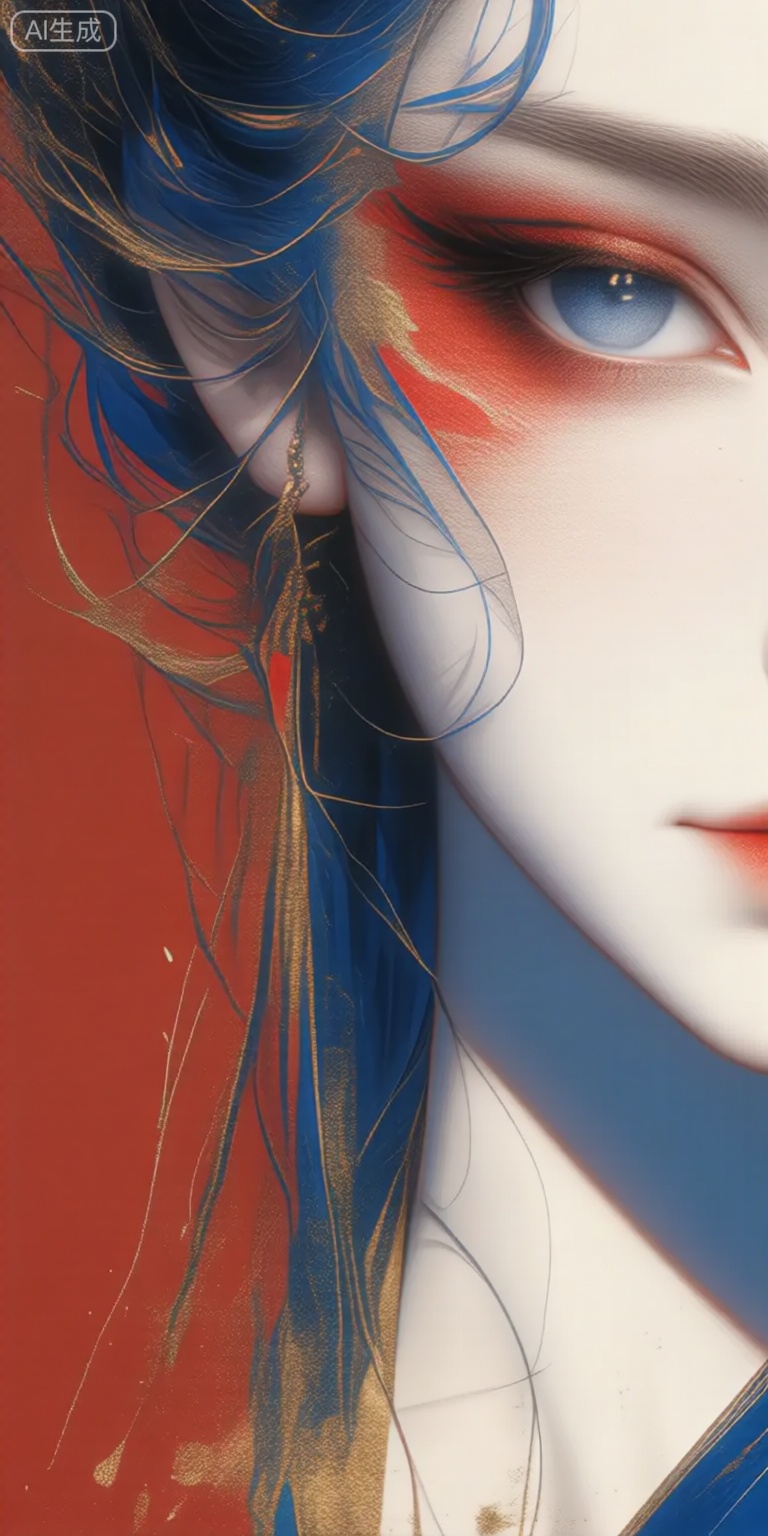 a close-up portrait of a woman with striking makeup, featuring a blend of white and red colors, the woman, positioned in the middle of the image, is facing the viewer with her blue eyes looking directly at the viewer, her hair is styled in a long, flowing manner with blue and gold strands framing her face, she has a serene expression, with her lips slightly parted and her nose slightly upturned, the background is a solid teal color, with subtle splashes of red and gold adding a touch of elegance to the overall composition, the image is highly detailed and realistic, with a focus on the womans facial features and the vibrant colors of her makeup, she is wearing a pair of earrings, which add to her elegant and sophisticated look,

