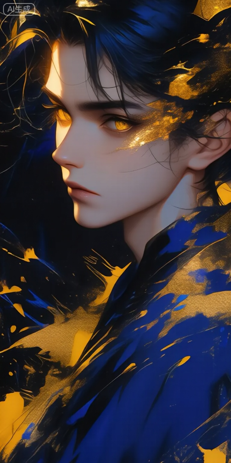 a digital illustration shoot from a close-up camera angle about a portrait of a young man with striking features and golden highlights, set against a dark background with abstract yellow and blue paint splatters, the image also shows highly detailed and realistic textures, on the middle of the image, a 20-year-old man appears to be looking to the side, with a serious expression, he has black hair and golden eyes, and is wearing a dark blue outfit, the man is positioned in the center of the frame, with his upper body visible, the background is dark and abstract, with yellow and gold splatters creating a striking contrast, the lighting is dramatic, highlighting the mans features and creating a sense of depth and dimension,