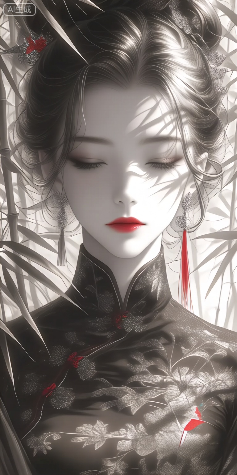 a digital illustration shoot from a portrait camera angle about a portrait of a woman in traditional chinese attire with intricate floral patterns and red accents, the image also shows a serene and elegant woman with light skin, dark hair styled in an elegant updo with a red tassel, wearing a black cheongsam with silver floral patterns, and red lipstick, on the middle of the image, a young woman appears to be looking directly at the viewer with a calm and serene expression, her eyes are closed, and her lips are painted red, she is wearing earrings and her hair is adorned with a hair ornament, the woman is standing in front of a blurred background of bamboo leaves, casting a soft shadow on her face, the overall aesthetic is elegant and sophisticated, with a focus on the womans beauty and elegance,