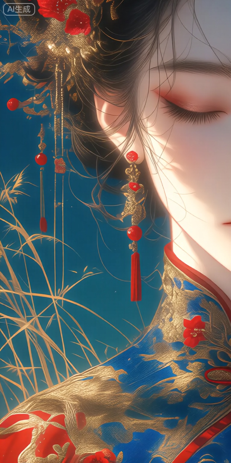 a digital illustration shoot from a close-up camera angle about a portrait of a woman in traditional chinese attire, adorned with intricate gold and red details, with long black hair adorned with red flowers and earrings, set against a blue background with golden grasses, the image also shows a serene and elegant atmosphere, on the middle of the image, a young woman appears to be in her early twenties, with her eyes closed, wearing a blue and red cheongsam with gold embroidery and a red headpiece adorned with flowers, her hair is styled in a long hair, and she is wearing earrings with red beads, her facial expression is calm and serene, with eyelashes and eyelashes visible, her eyes are closed, and her lips are slightly parted, giving off a sense of calmness, the woman is surrounded by the soft and ethereal lighting, which highlights her delicate features and the intricate details of her clothing,