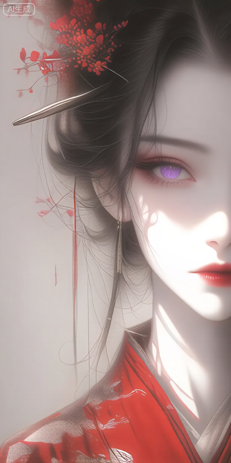 a digital illustration shoot from a close-up camera angle about a portrait of a young woman with striking features, wearing a red kimono and adorned with a red flower in her hair, the image also shows a soft, ethereal light illuminating her face and upper body, on the middle of the image, a 20-year-old woman appears to be looking directly at the viewer with a serene expression, she has pale skin, long black hair styled in a single hairpin with red flowers, and her eyes are a striking purple color, her hair is parted to the side, and she is wearing a traditional japanese outfit with intricate patterns, her lips are painted with red lipstick, adding a touch of elegance to her overall appearance, the background is a simple gradient of light gray, with subtle hints of red and white, creating a soft and dreamy atmosphere,