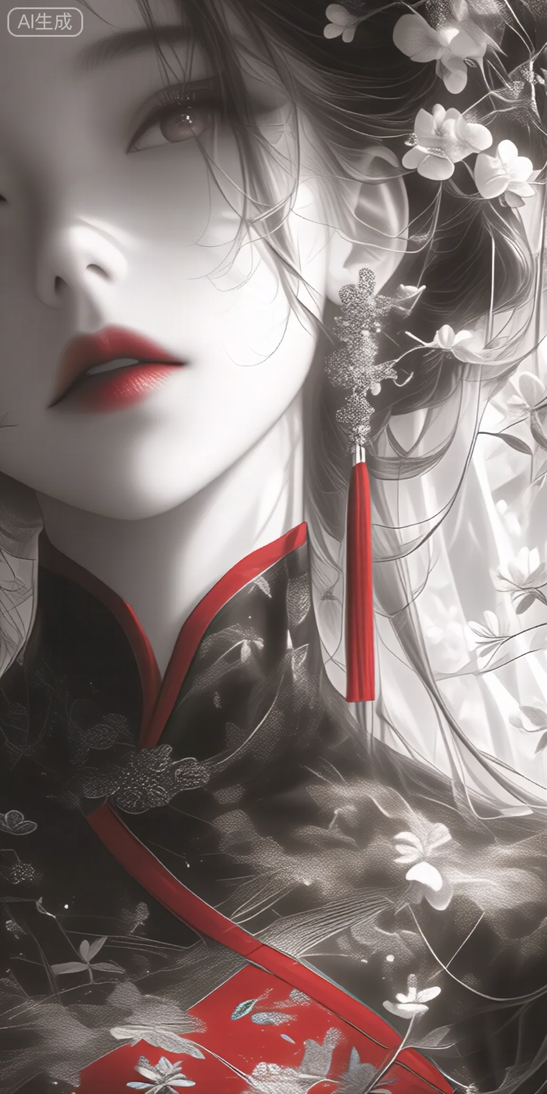 a digital illustration shoot from a portrait camera angle about a close-up portrait of a woman with long, flowing hair adorned with flowers, in a monochromatic and elegant style, the image also shows a woman in the middle of the frame, with her face partially obscured by a veil, wearing a traditional japanese outfit with a red and black cheongsam, adorned with intricate floral patterns and a pair of earrings, the woman has a serene expression and is looking directly at the viewer with her brown eyes, her hair is styled in a long hair with a hairpiece adorned with white flowers, and her lips are painted with red lipstick, the background is a soft, blurred light with floral patterns, and the overall effect is one of elegance and sophistication,


