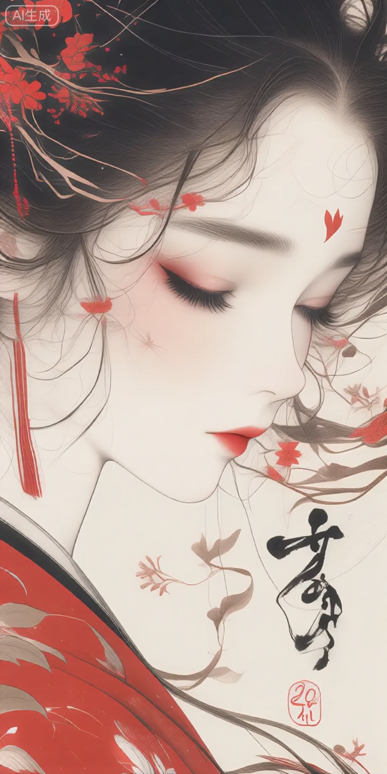 a digital illustration shoot from a close-up camera angle about a portrait of a young woman with a serene expression, adorned with floral elements, the image also shows japanese calligraphy in the bottom right corner, on the middle of the image, a 20 years old woman appears to be looking to the side, with her closed mouth and closed eyes, wearing a red kimono with floral patterns, she has long, dark hair styled in a bun with red flowers, which is adorned with loose strands of hair, her facial features are delicate, with a subtle blush on her cheeks and a hint of red lipstick, her eyes are closed, and her eyelashes are curled upwards, giving her an ethereal appearance, the background is a simple, light beige color with abstract floral patterns in shades of red and beige, which adds to the serene atmosphere of the artwork,
