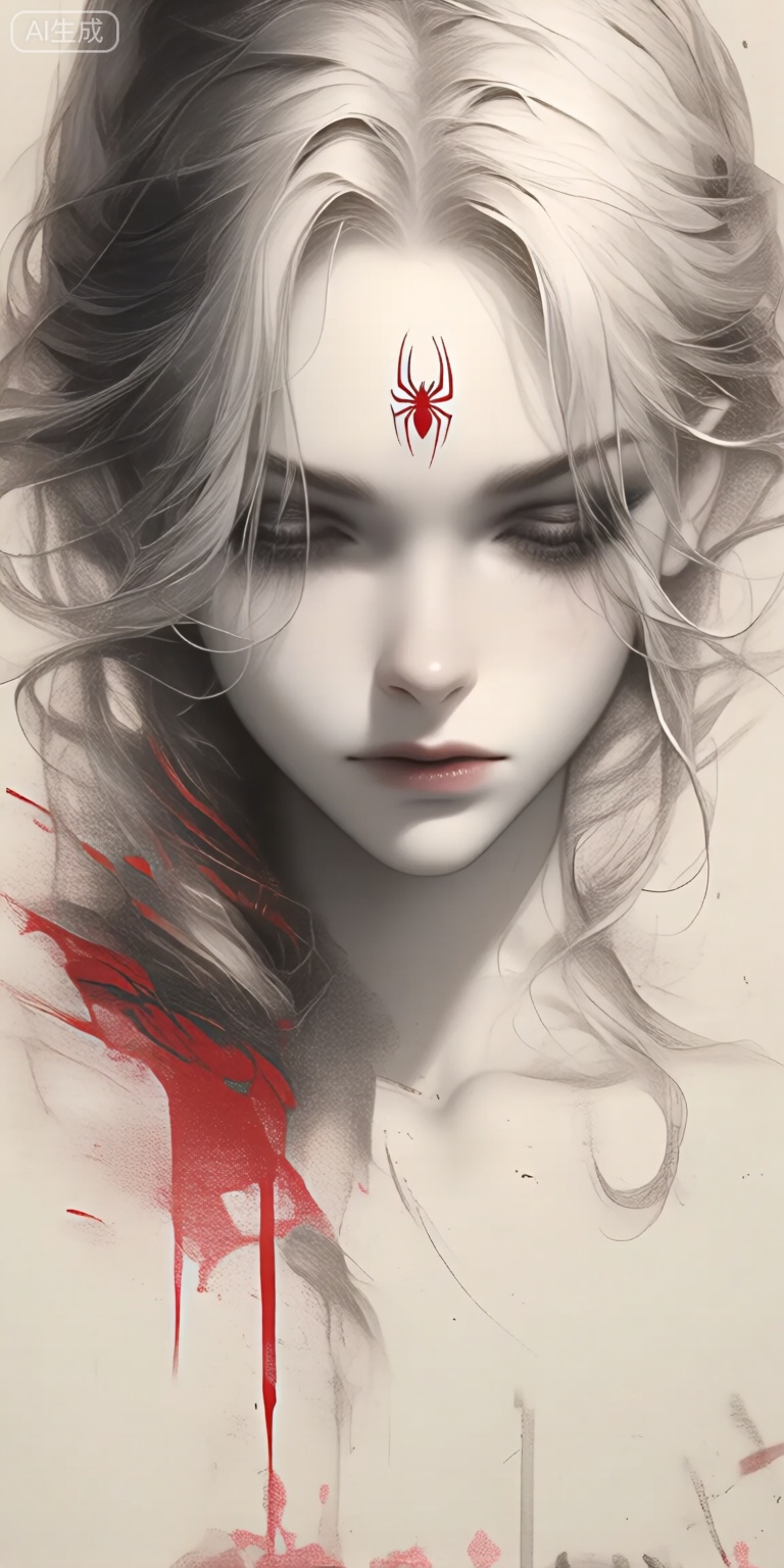 a digital illustration shoot from a portrait camera angle about a close-up portrait of a woman with striking features and red paint splatters, featuring a young woman with pale skin and long, wavy, light blonde hair, she has a serious expression and is positioned in the middle of the image, looking directly at the viewer with her eyes closed, her hair is styled in loose waves and falls down her back, framing her face, on her forehead, there is a small, red symbol resembling a spider, adding a touch of danger to her otherwise monochromatic appearance, the background is a simple, light beige color with splashes of red and black, creating a striking contrast with the womans features, the overall style is reminiscent of modern digital art, with a focus on texture and detail, making the image visually striking and captivating,

