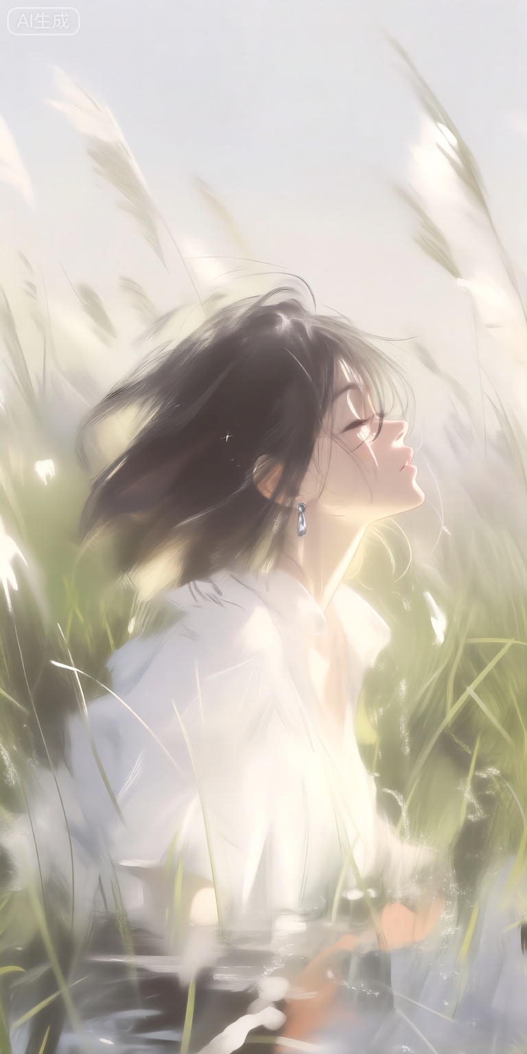 a digital illustration shoot from a profile camera angle about a serene portrait of a woman surrounded by tall grass, with a soft, ethereal light filtering through the grass, creating a dreamy atmosphere, the image also shows a woman in the middle of the image, who appears to be in her early twenties, with dark hair that is blowing in the wind, she is facing away from the viewer, with her eyes closed and a calm expression on her face, the woman is wearing a white shirt and silver earrings, and her body is partially submerged in the water, the background is a blurred, dreamy sky with soft, diffused light, and the grass is tall and green, the lighting is soft and ethereal, casting gentle shadows on the womans face and body,