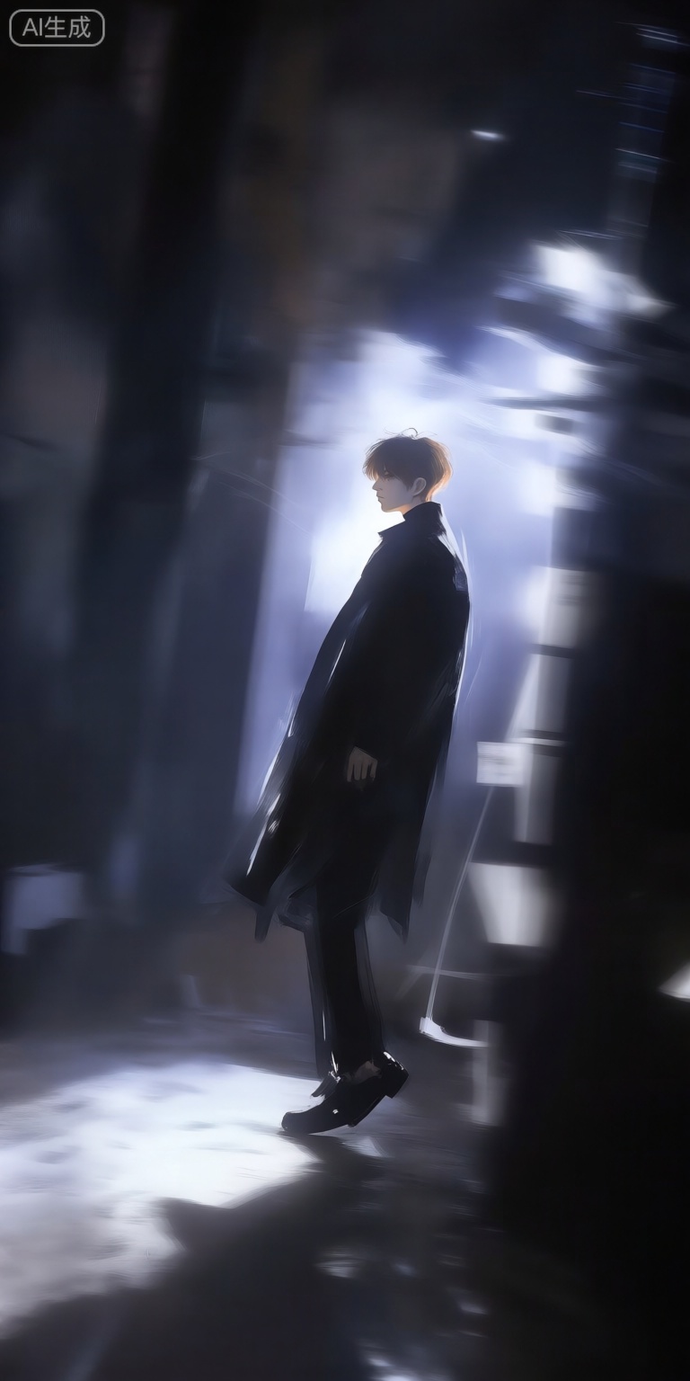 a photo-realistic shoot from a profile camera angle about a man standing in a dimly lit environment, silhouetted against a blurred background, the image also shows a man in the middle of the frame, who appears to be in his early twenties, with short brown hair and a serious expression, he is wearing a long black coat and black shoes, and is standing on a tiptoes, the man is facing away from the viewer, and his body is positioned in a way that creates a sense of depth and perspective, the lighting is dramatic, with a mix of blue and white hues, creating a moody atmosphere, the background is blurred, with motion lines and abstract shapes, adding to the sense of movement and depth, the overall effect is one of a mysterious and contemplative scene, with the man standing alone in the center of the image,