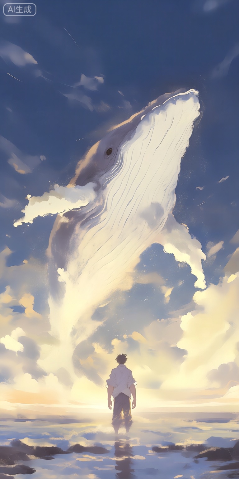 a digital illustration shoot from below about a surreal scene featuring a large, majestic white whale jumping out of the water, with a lone figure standing in front of it, the scene is set against a dramatic sky filled with fluffy, golden clouds at sunset, casting a warm glow over the ocean, the sky is a deep blue with a few wispy clouds scattered across it, creating a sense of depth and movement, in the middle of the image, a man, who appears to be in his mid-twenties, stands with his back to the viewer, looking up at the majestic creature, he is wearing a light-colored shirt and dark pants, and his body is slim and muscular, the man is standing on a calm beach, with the ocean stretching out in the background, the creature, resembling a whale, is in the air, with its mouth open wide, as if it is about to take flight, its eyes are large and expressive, and its body is covered in a textured, textured skin, giving it a realistic appearance, the overall effect is one of awe and wonder at the world around us,