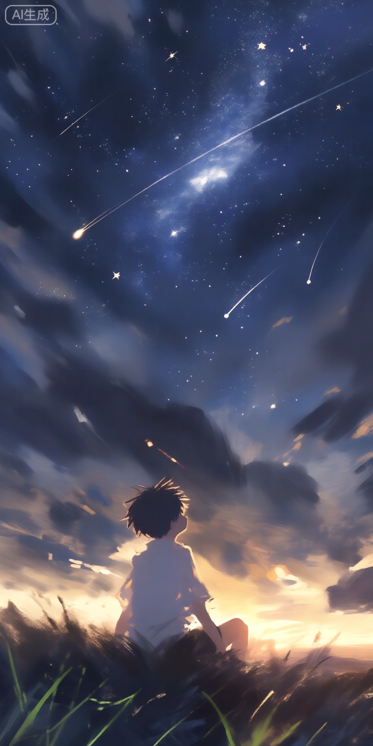 a serene and peaceful scene from a distance, featuring a silhouette of a boy sitting on a grassy hill, looking up at the night sky filled with stars and shooting stars, the boy, who appears to be in his early twenties, is positioned in the middle of the image, with his back to the viewer, giving a clear view of his upper body, he is wearing a white shirt and no pants, and his hair is styled in a short, spiky manner, the sky is filled with a multitude of stars, including the milky way, and several shooting stars are streaking across it, creating a beautiful, starry night sky, the scene is set against a backdrop of dark, stormy clouds, with the sun setting in the distance, casting a warm, orange glow over the horizon, in the foreground, tall, green grass blades are visible, adding to the serene atmosphere of the scene,,