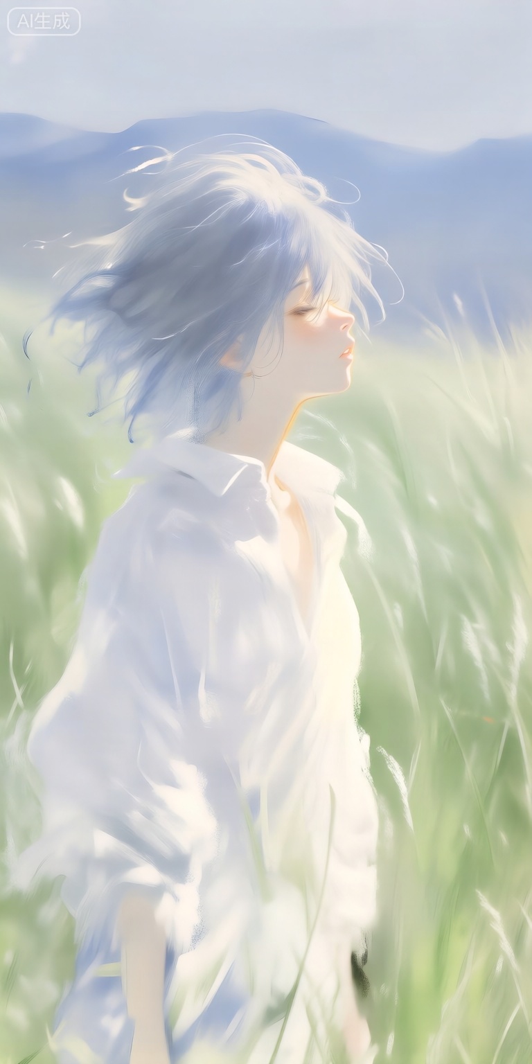 a digital illustration shoot from a profile camera angle about a young woman standing amidst tall green grass, with a dreamy, ethereal atmosphere, the image also shows a serene and dreamy atmosphere, on the middle of the image, a 20-year-old woman appears to be in her early twenties, with light skin and blue hair that is blowing in the wind, she is wearing a white shirt that is partially unbuttoned, and her expression is calm and contemplative, her eyes are closed, and she is looking to the side, her hair is messy and unkempt, with some strands falling down her back, the woman is standing in a field of tall grass, and the background is a soft, blurred blue sky with distant mountains, the overall effect is one of serenity and dreaminess,